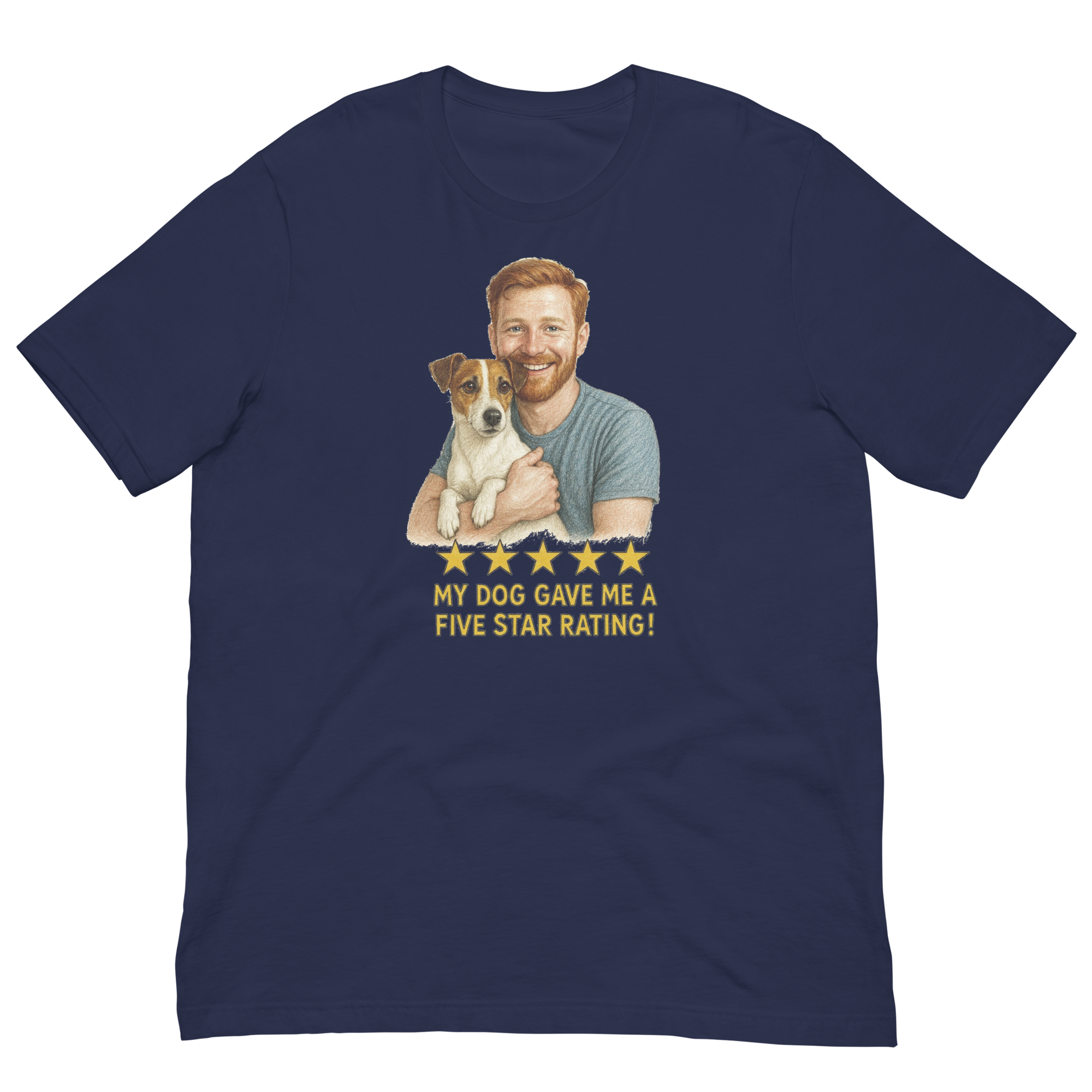 Red Hair Man with Jack Russell Terrier graphic tee.