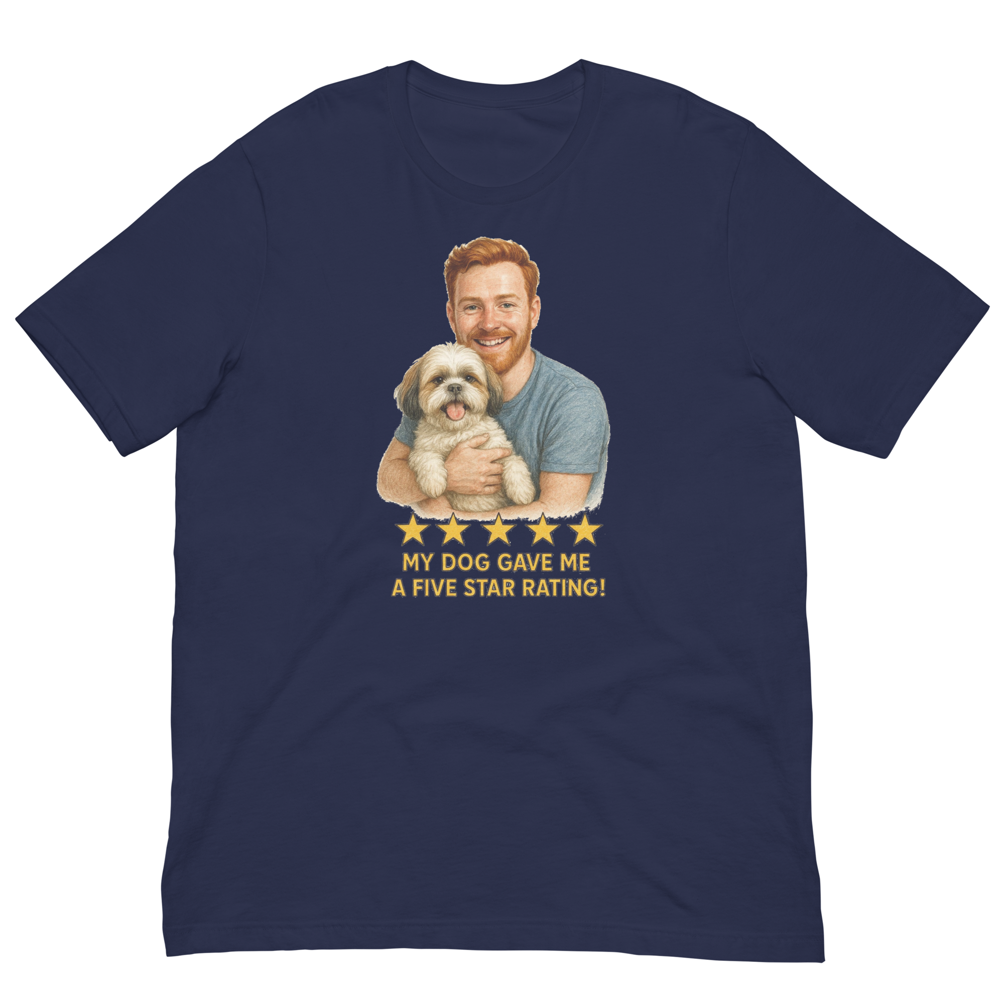 Red Hair Man with Shih Tzu graphic tee.