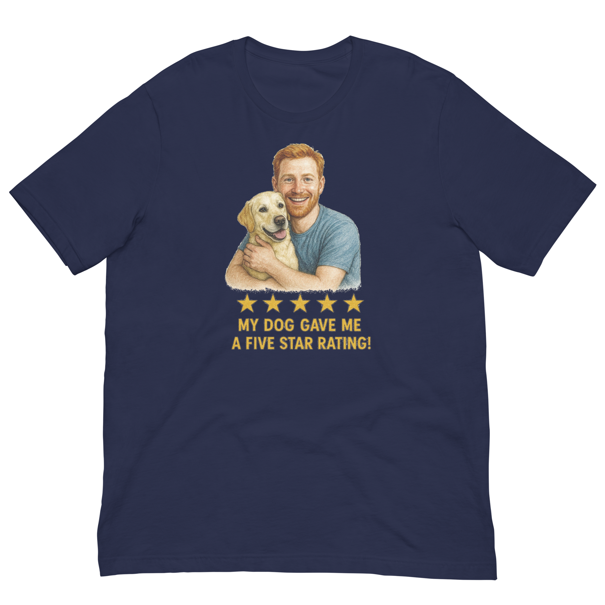 Red Hair Man with Yellow Labrador graphic tee.