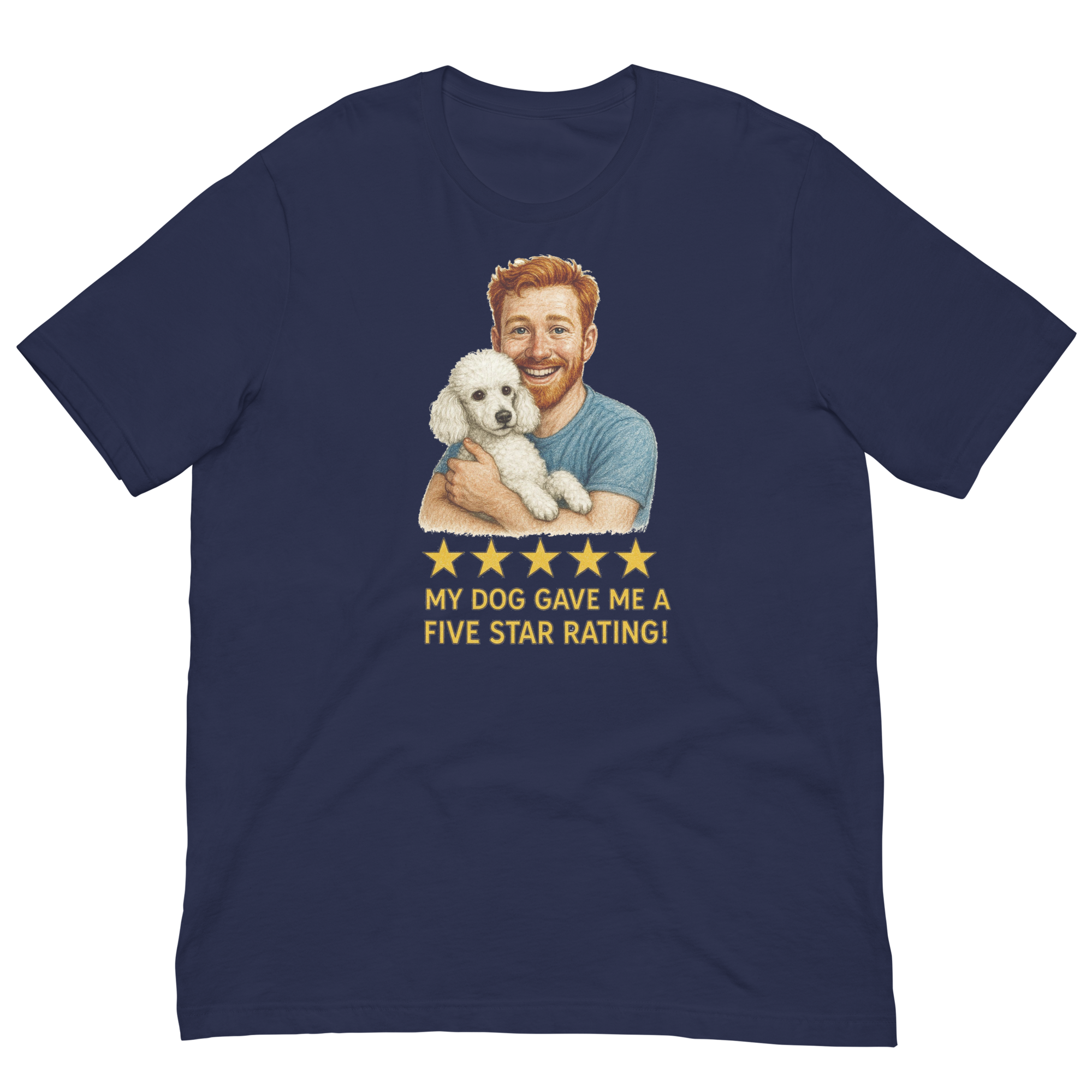 Red Hair Man with White Poodle graphic tee.