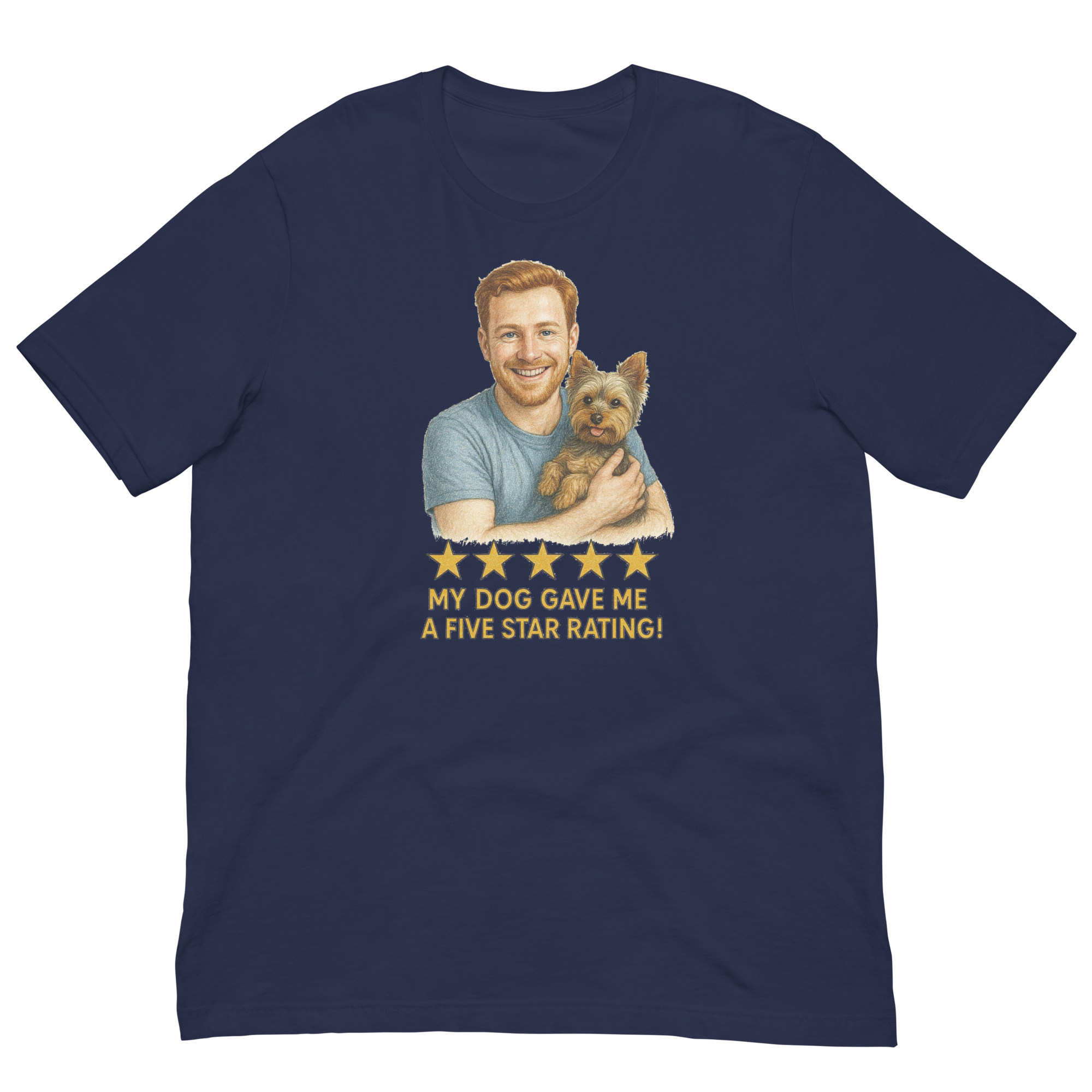 Red Hair Man with Yorkie graphic tee.