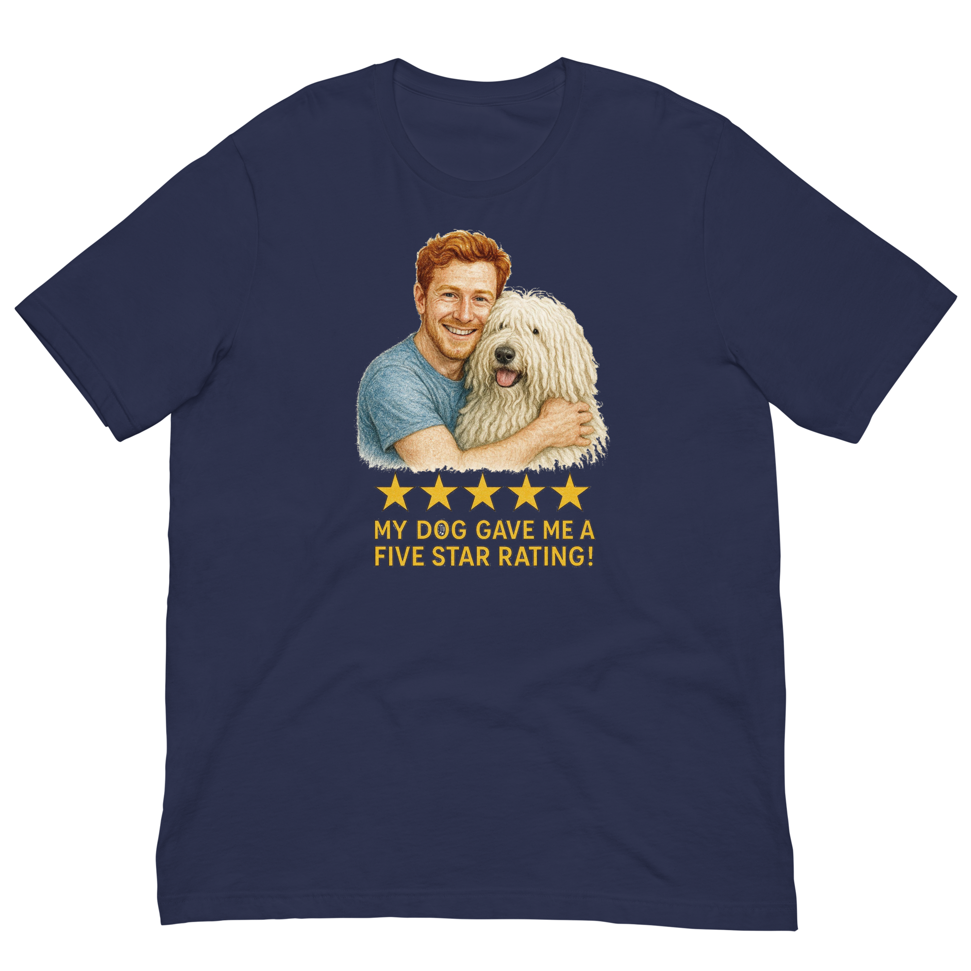 Red Hair Man with Komondor graphic tee.