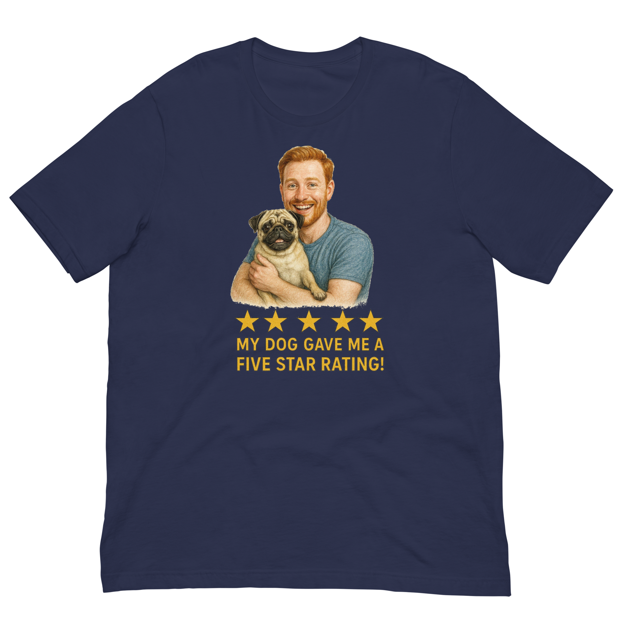 Red Hair Man with Pug graphic tee.