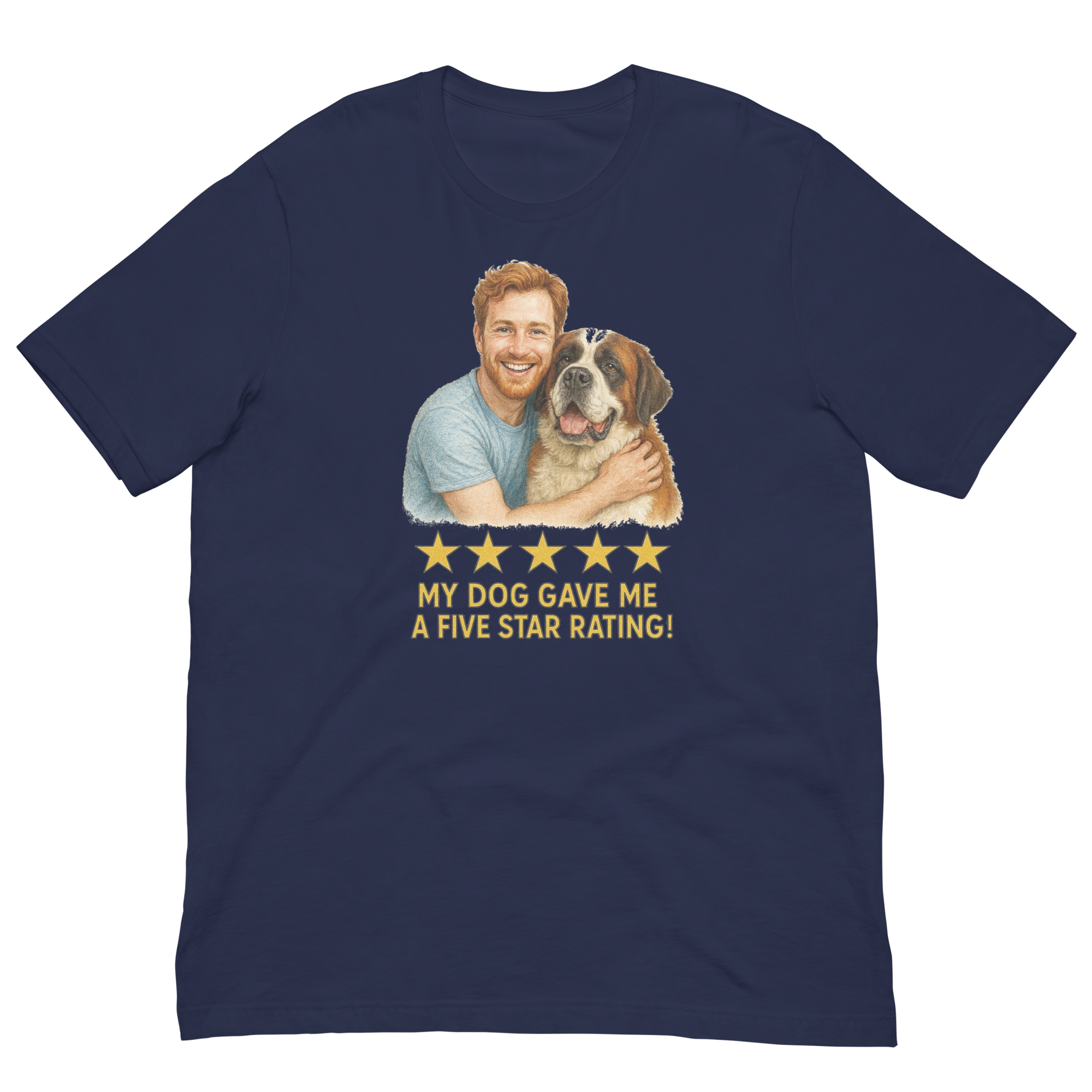 Red Hair Man with Saint Bernard graphic tee.
