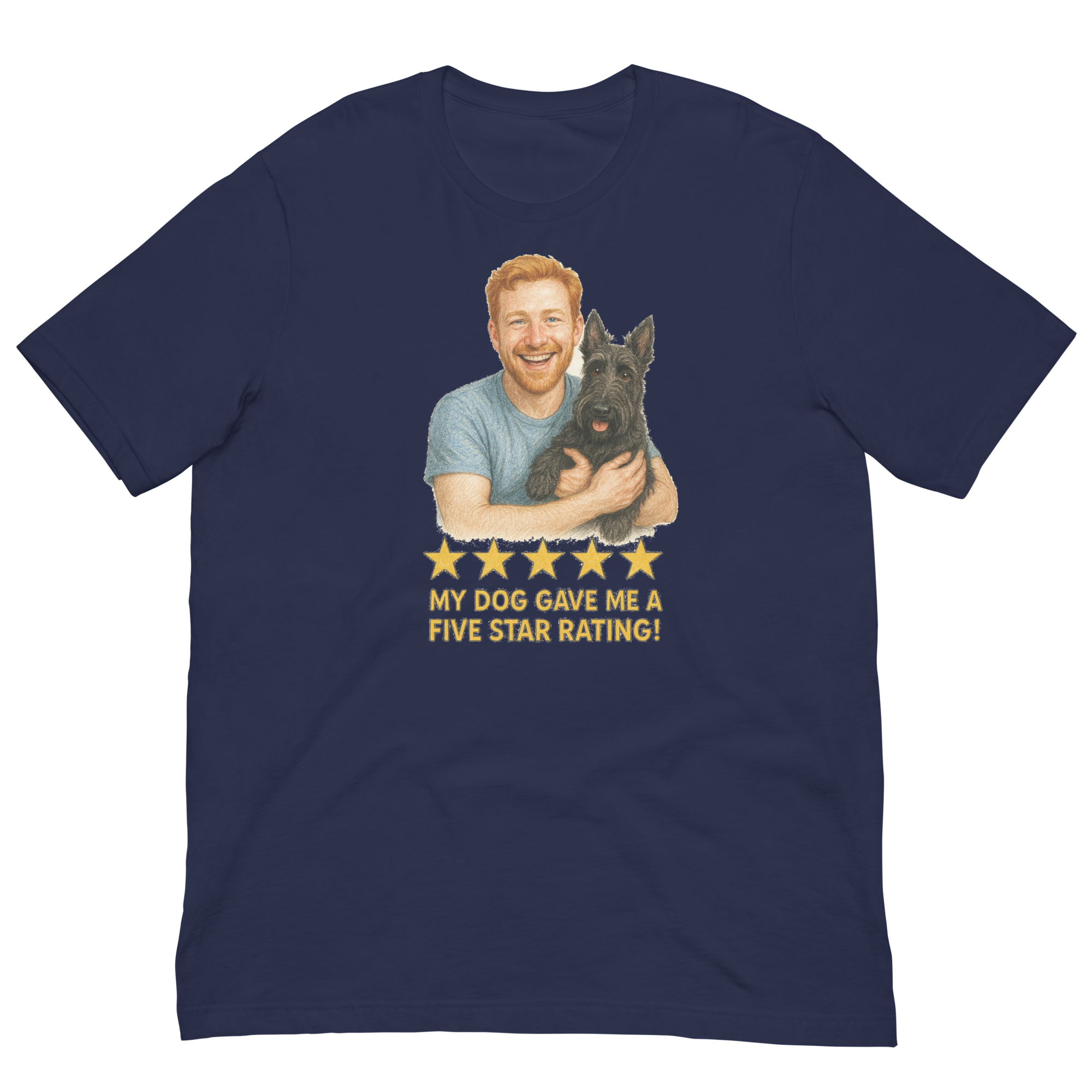 Red Hair Man with Scottie graphic tee.