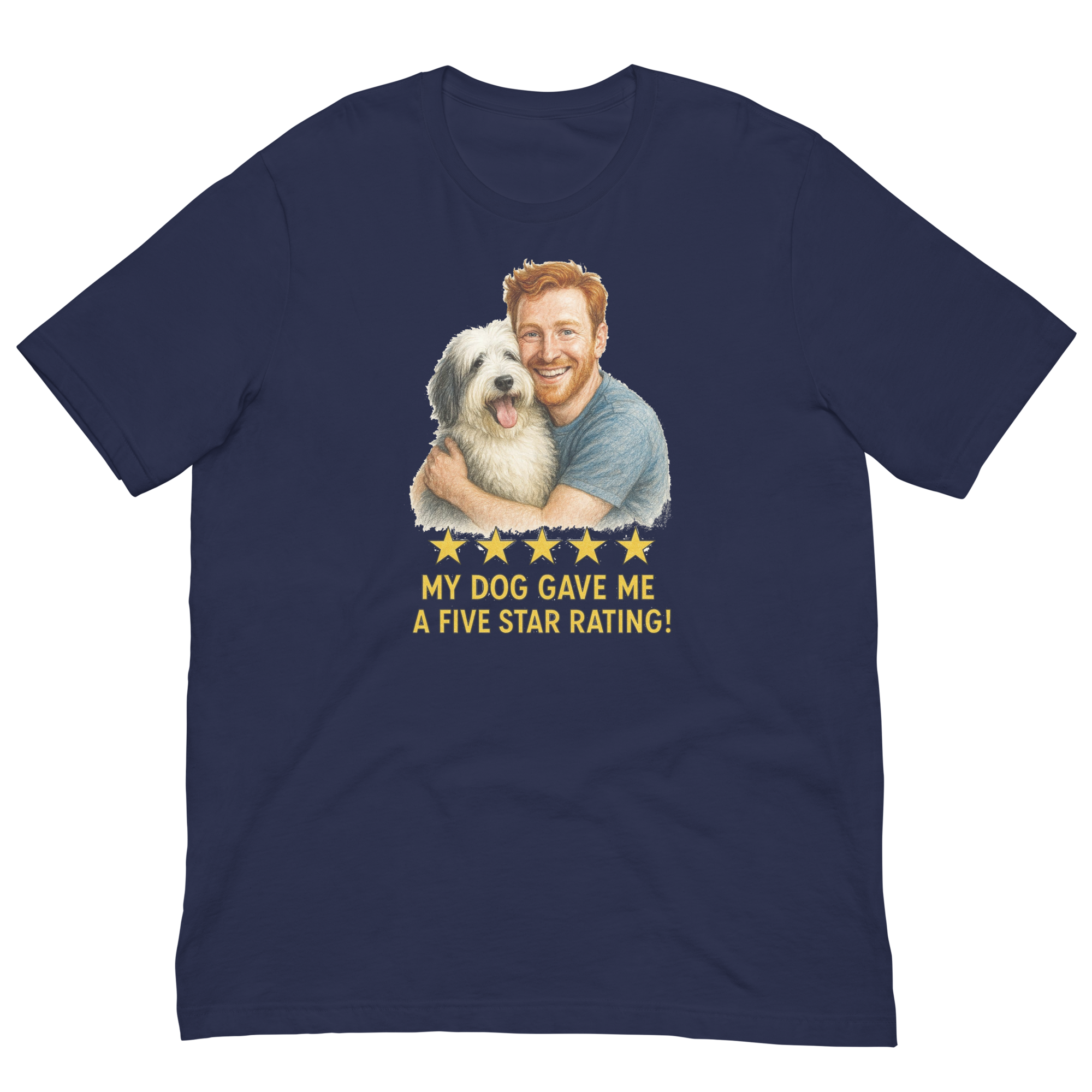 Red Hair Man with Sheepdog graphic tee.