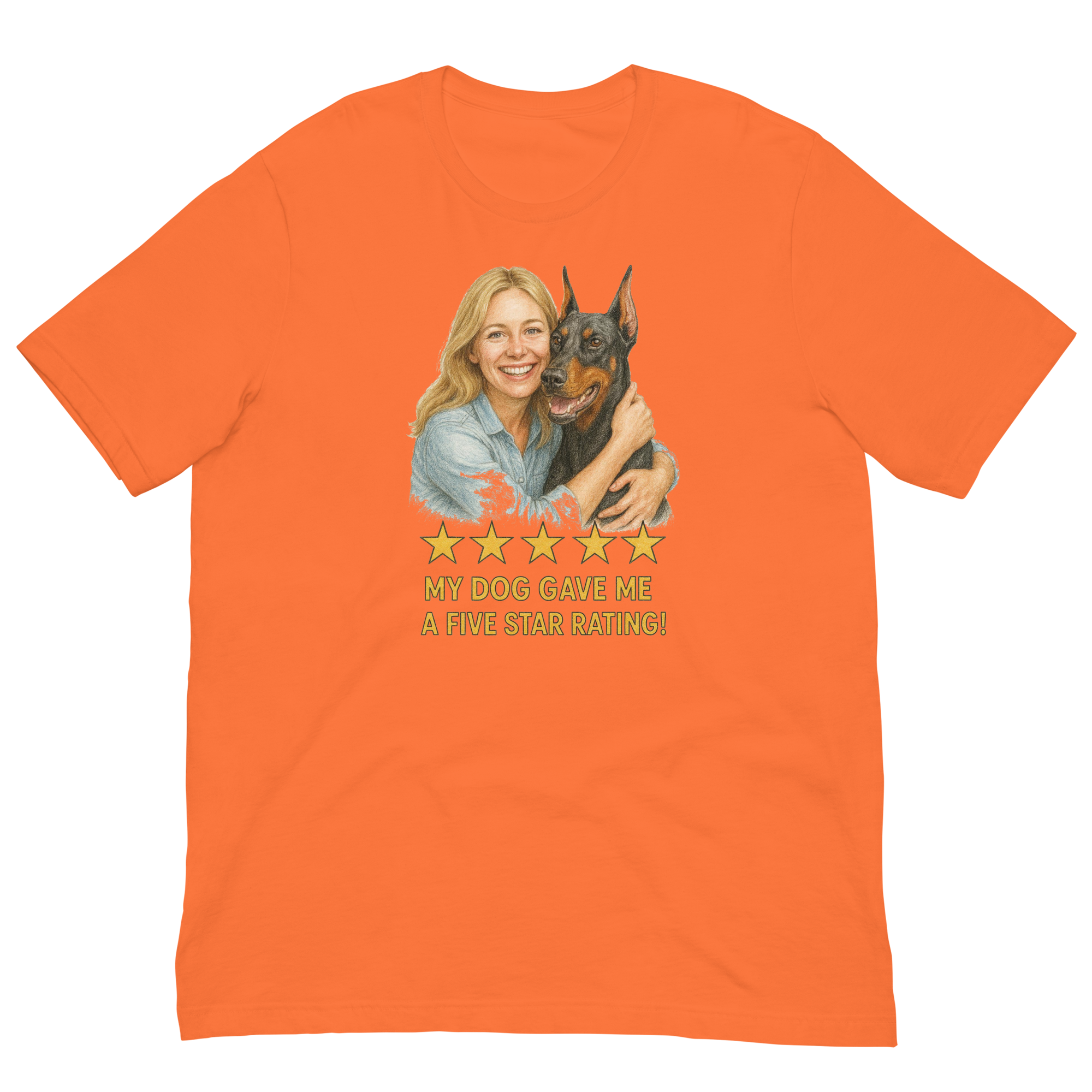 Blonde Woman with Doberman Pinscher graphic tee - orange