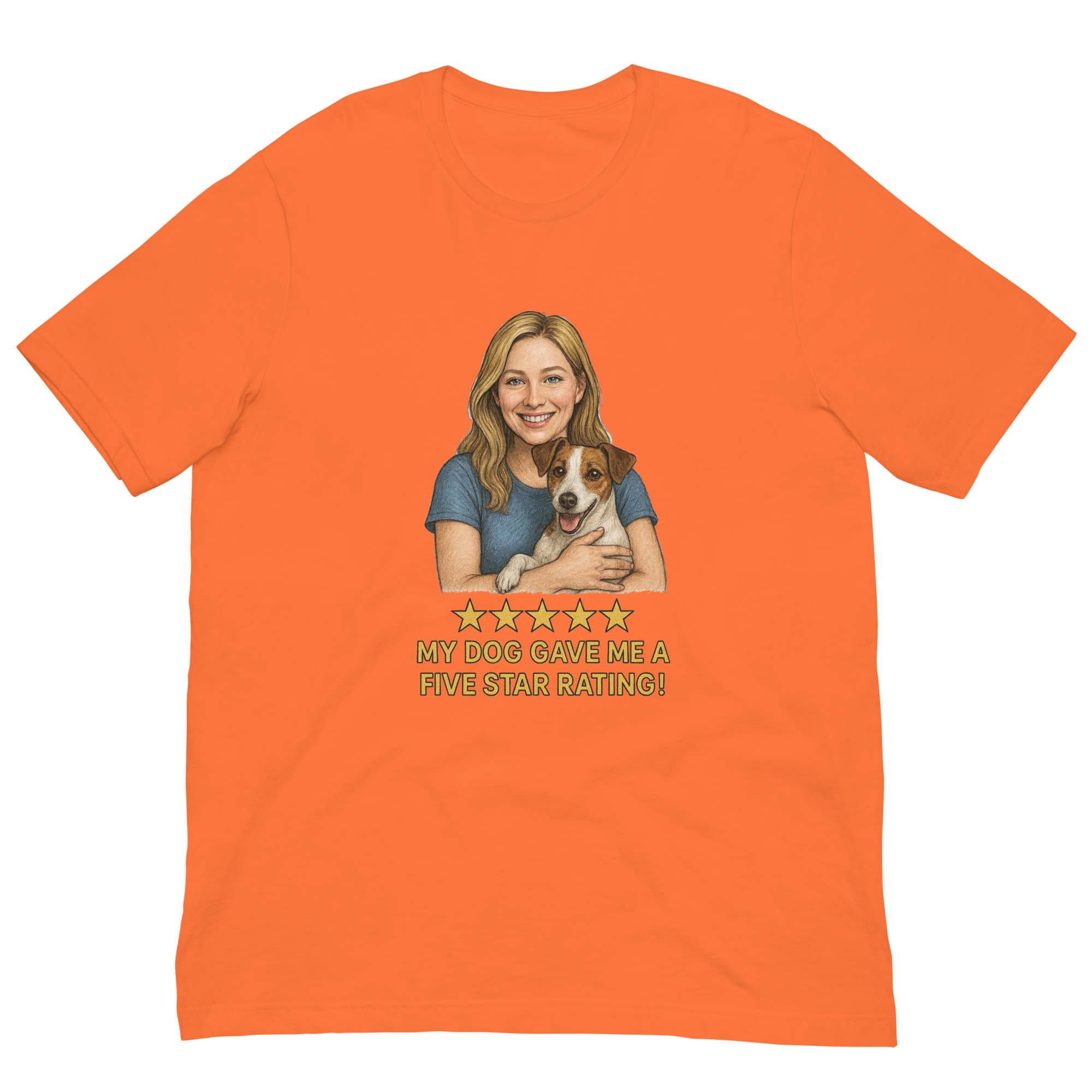 Blonde Woman with Jack Russell Terrier graphic tee - orange