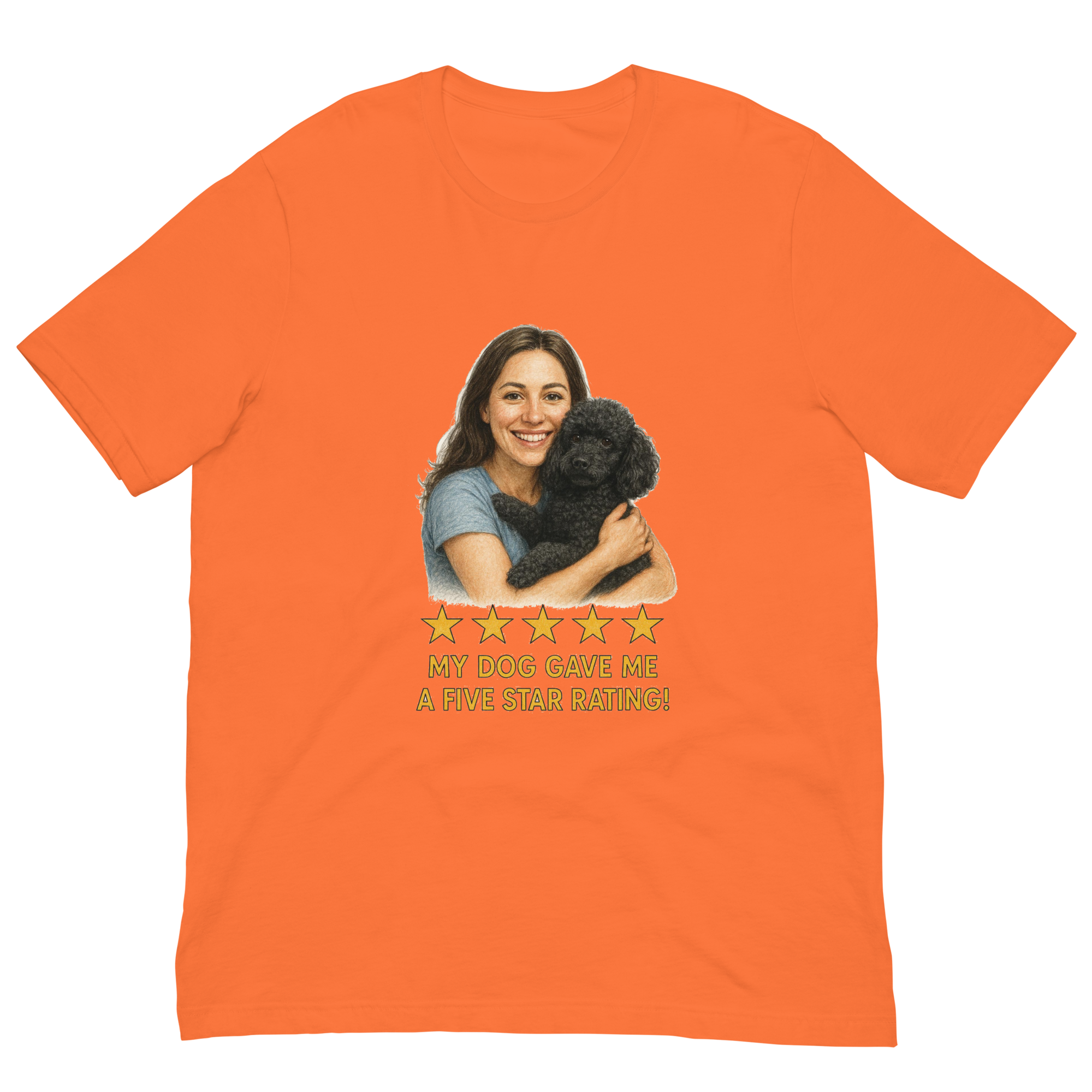 Brunette Woman with Black Poodle graphic tee - orange