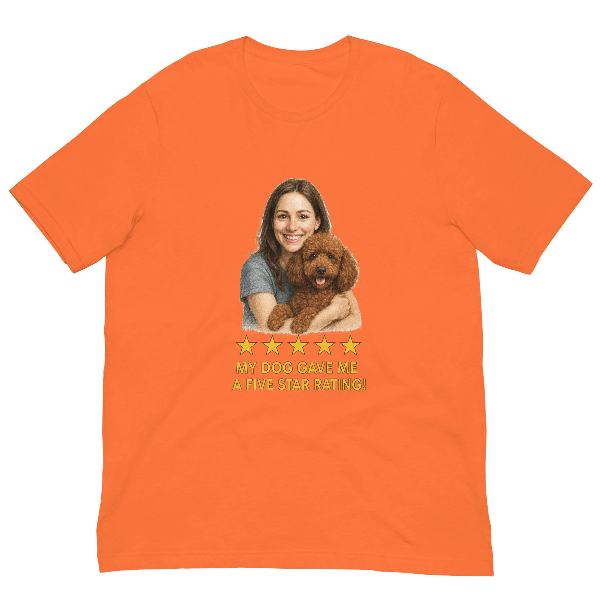 Brunette Woman with Brown Poodle graphic tee - orange