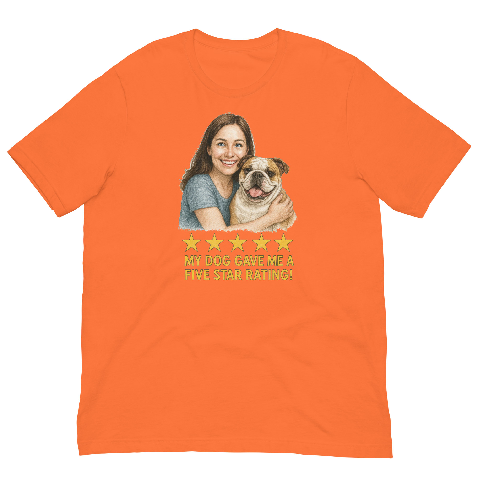 Brunette Woman with Bulldog graphic tee - orange
