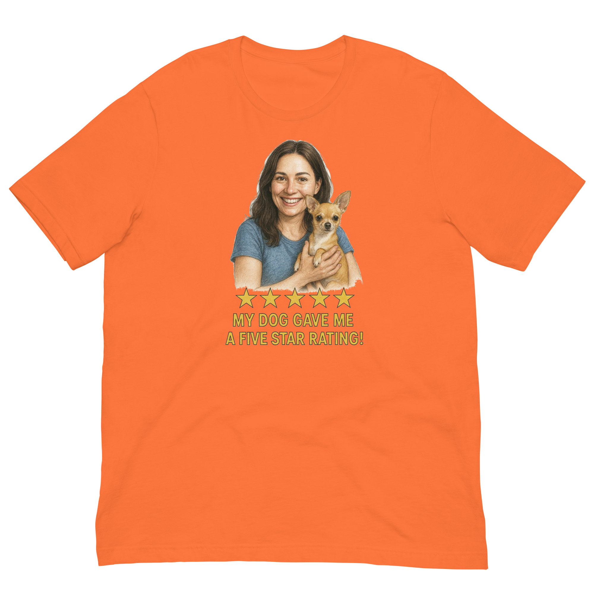 Brunette Woman with Chihuahua graphic tee - orange