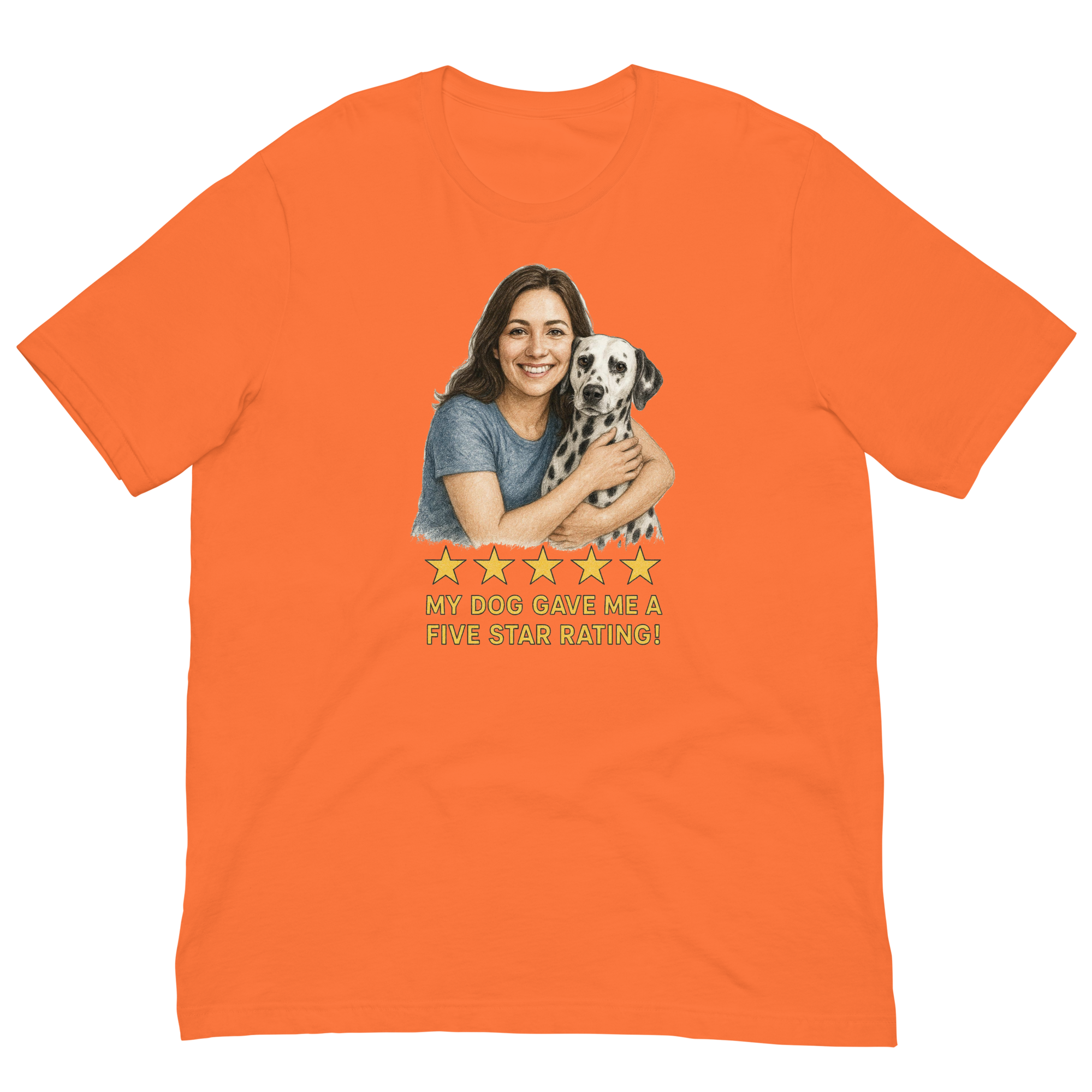 Brunette Woman with Dalmatian graphic tee - orange