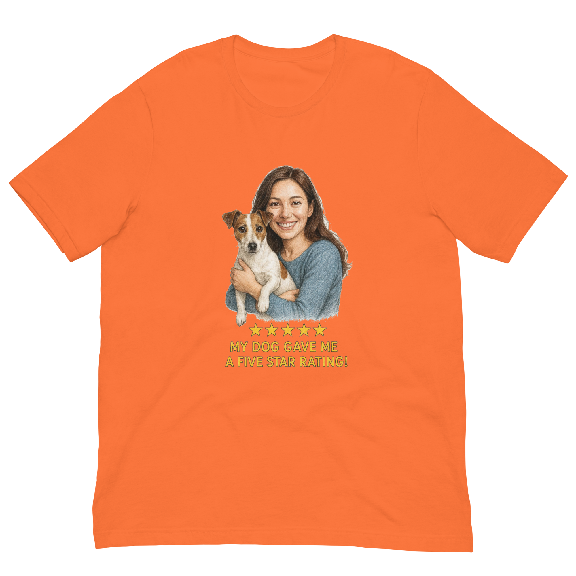 Brunette Woman with Jack Russell Terrier graphic tee - orange