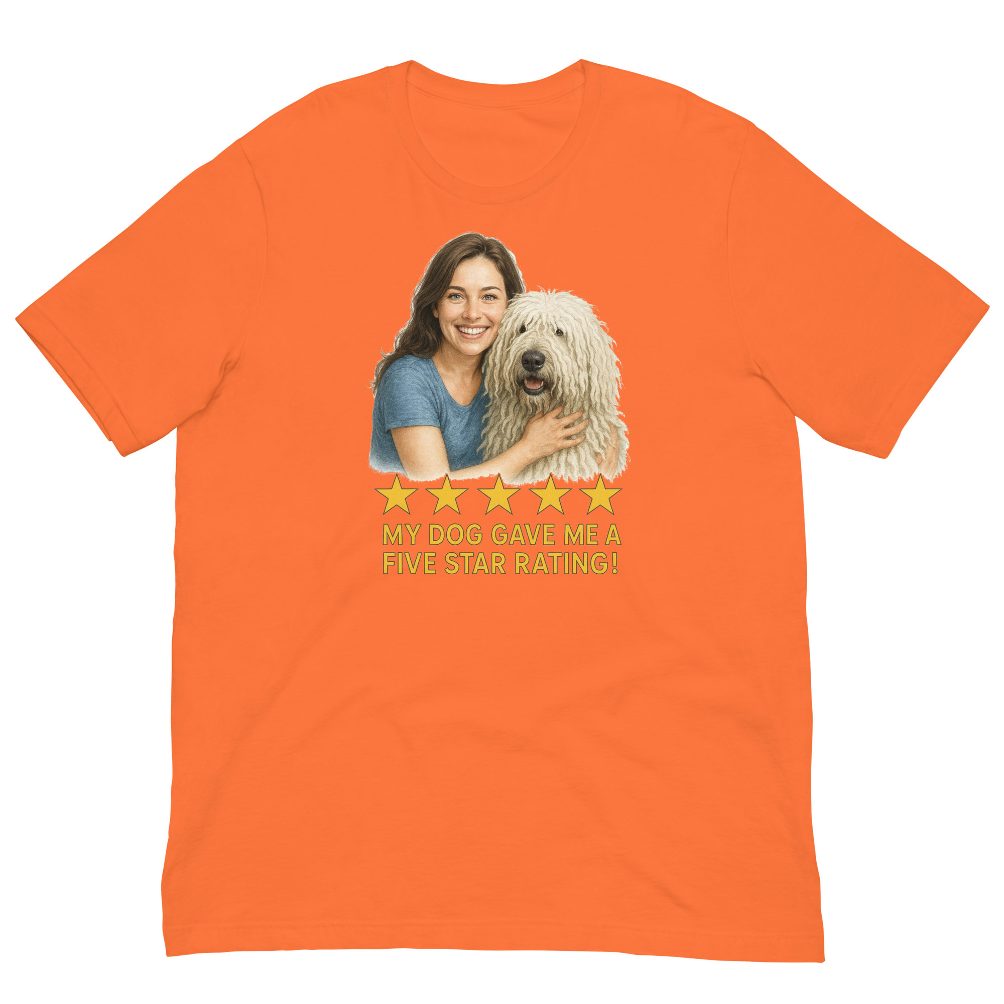 Brunette Woman with Komondor graphic tee - orange