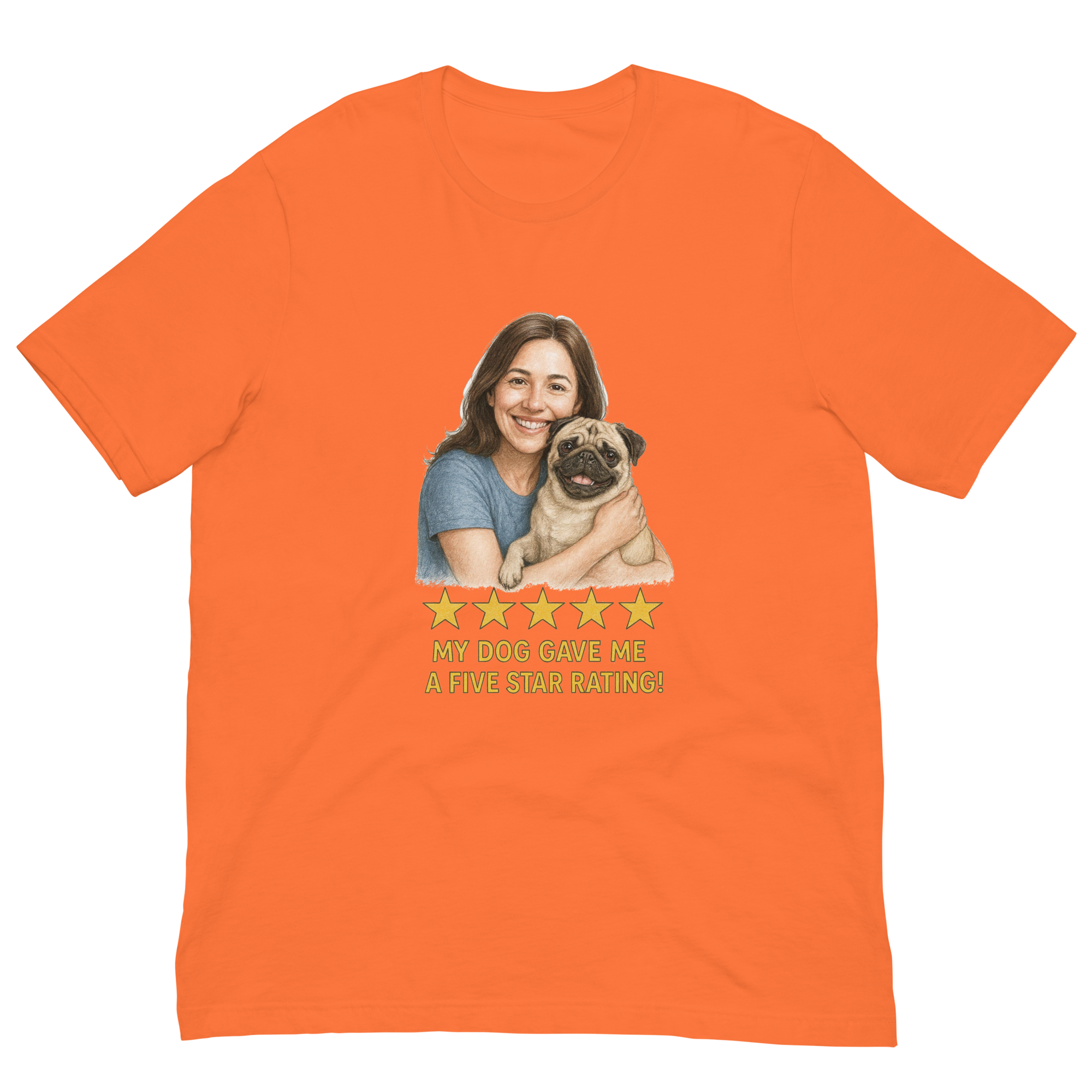 Brunette Woman with Pug graphic tee - orange