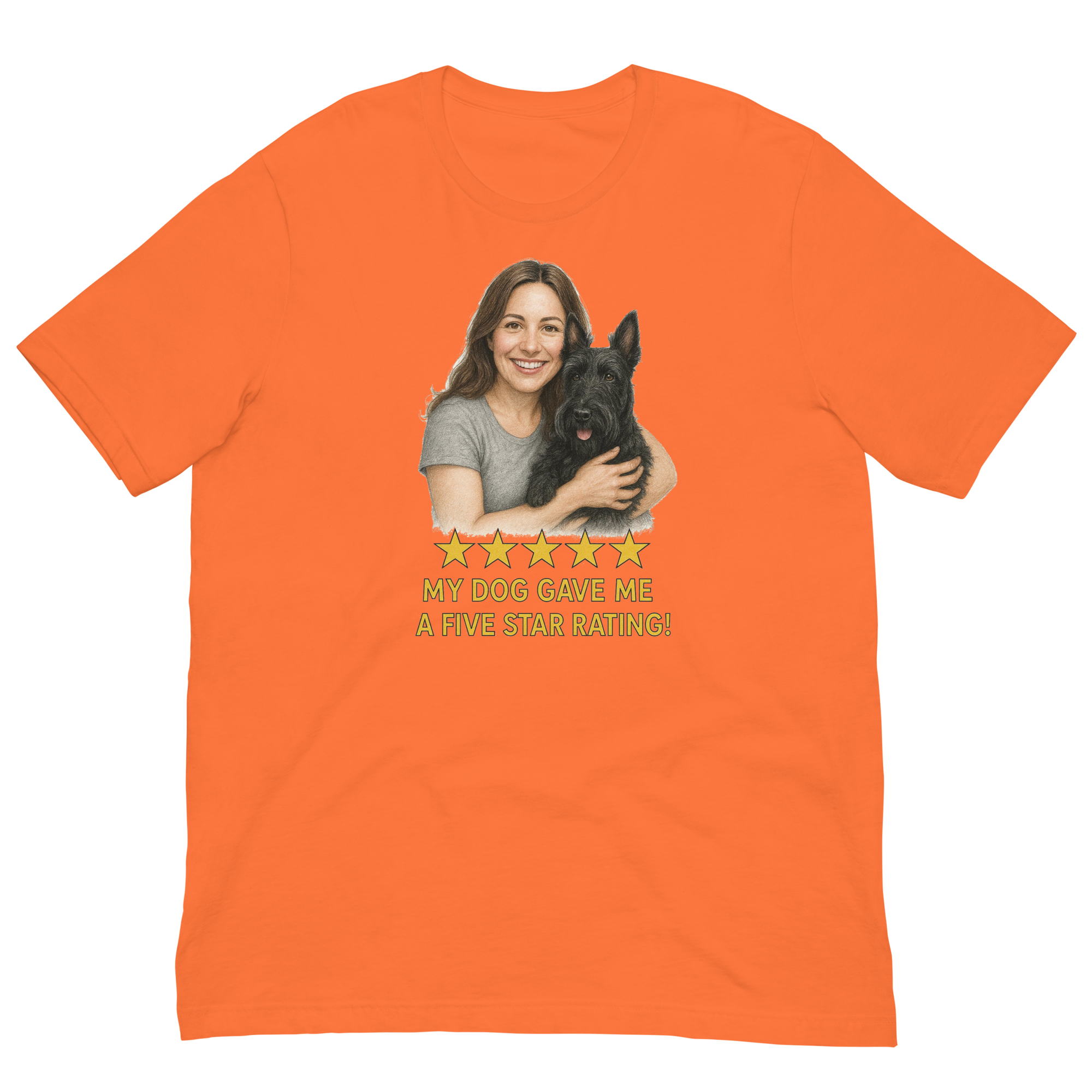 Brunette Woman with Scottie graphic tee - orange