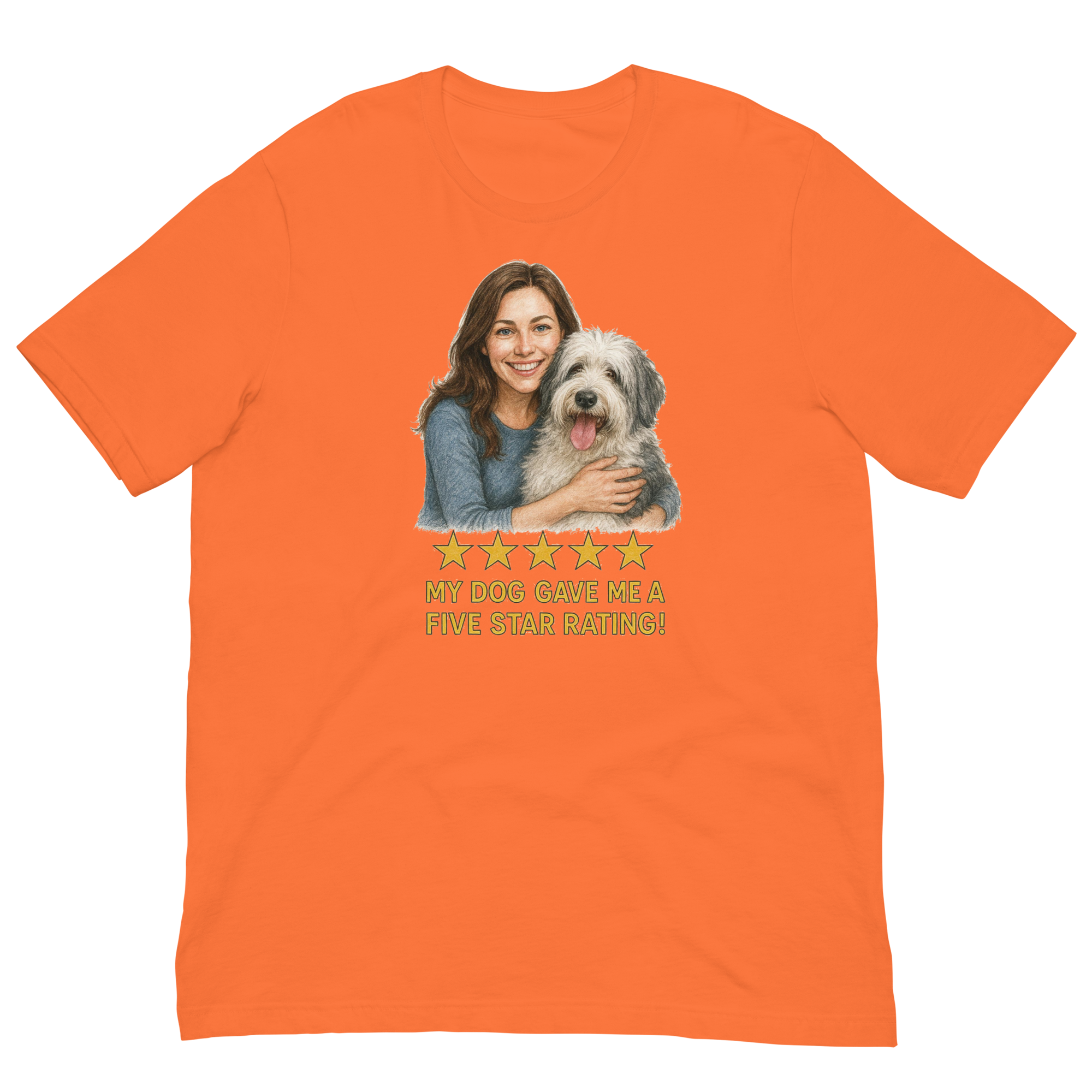 Brunette Woman with Sheepdog graphic tee - orange