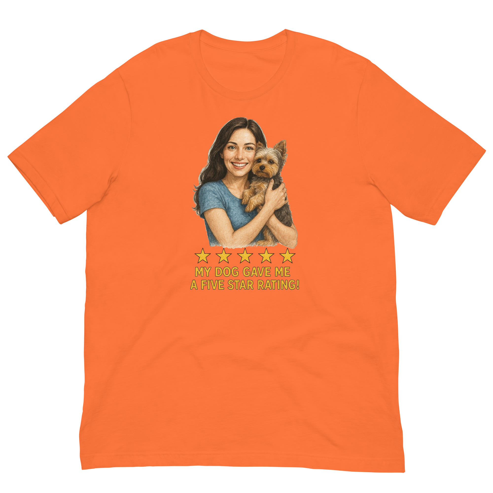 Brunette Woman with Yorkie graphic tee - orange