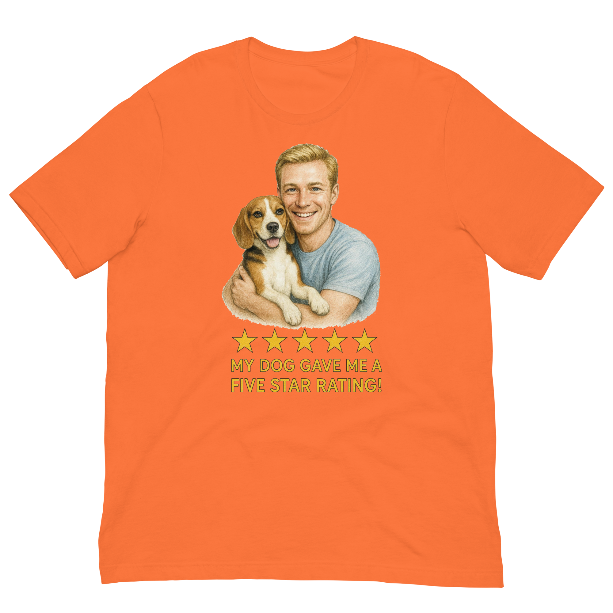 Blonde Man with Beagle graphic tee.