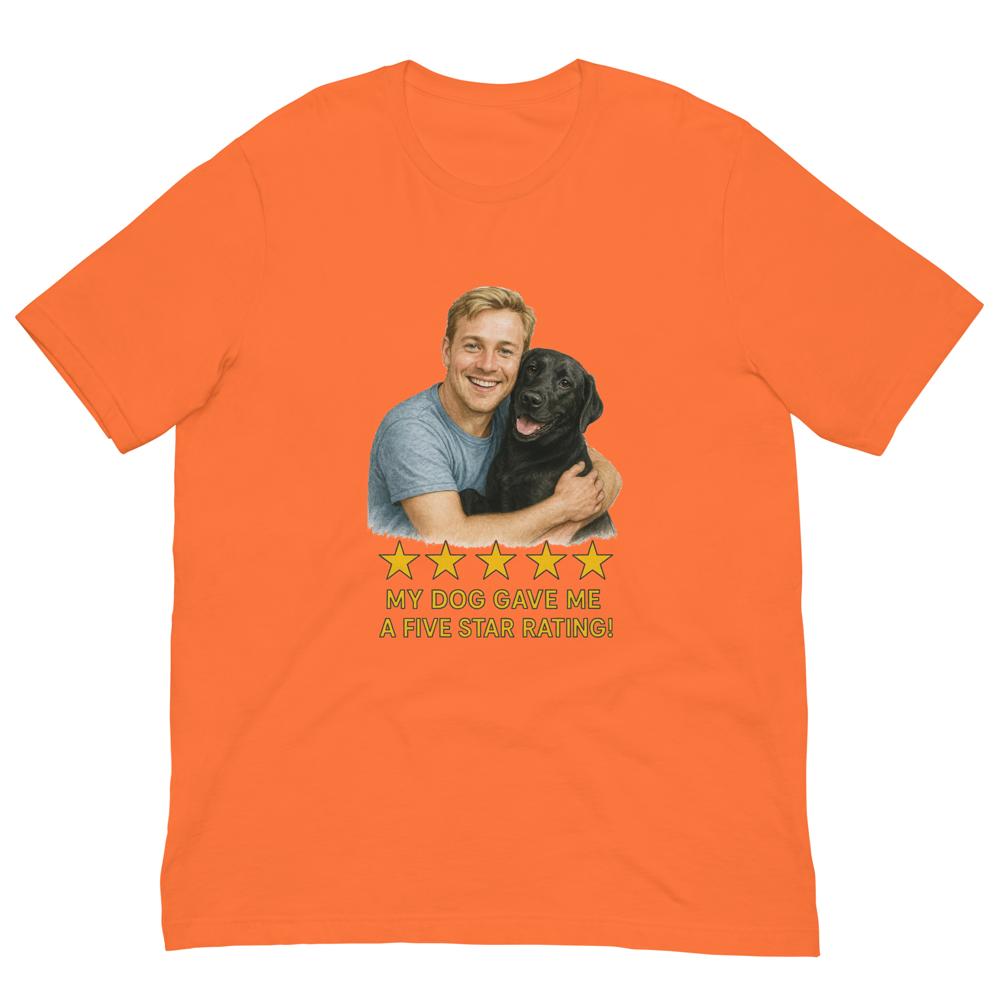 Blonde Man with Black Labrador graphic tee.