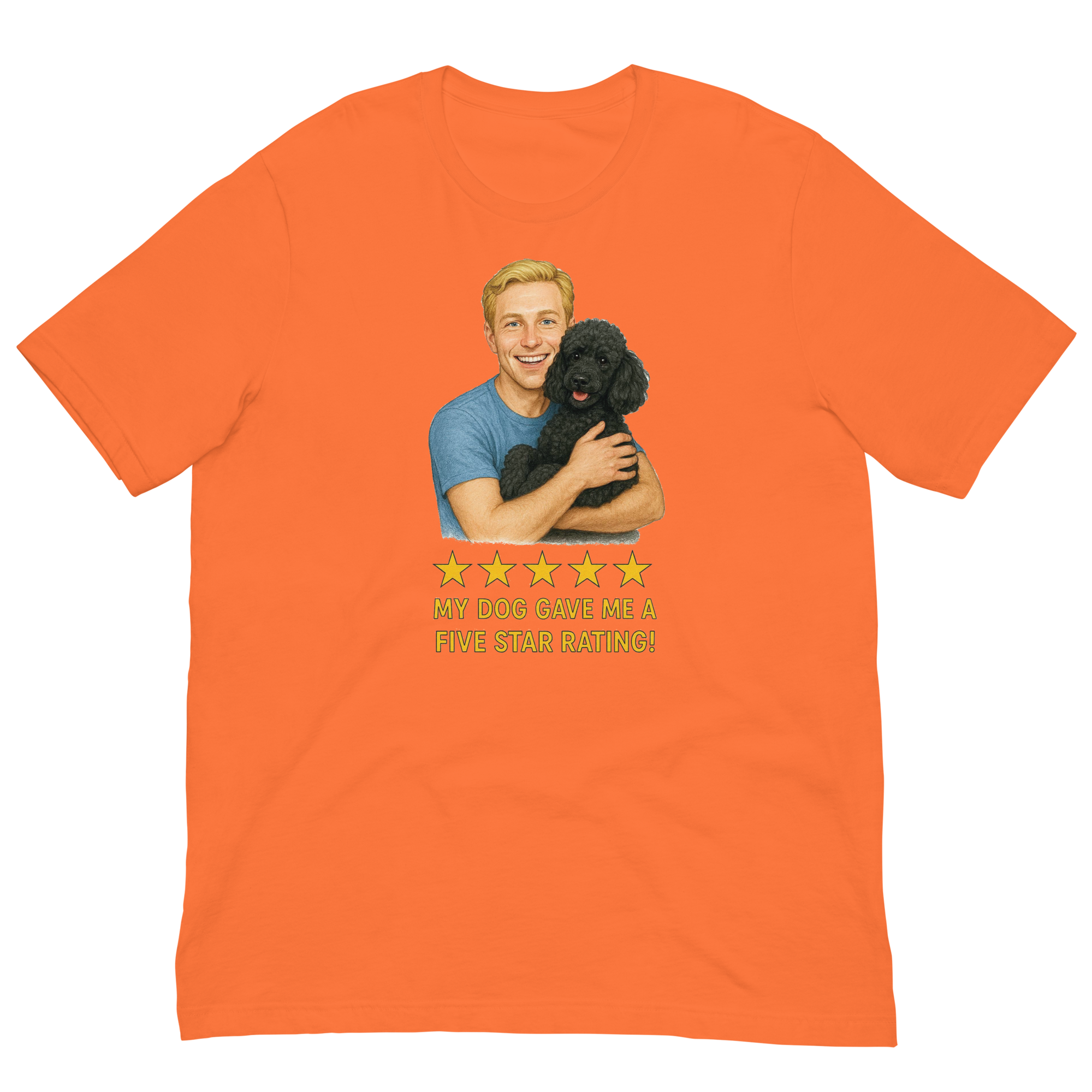 Blonde Man with Black Poodle graphic tee.