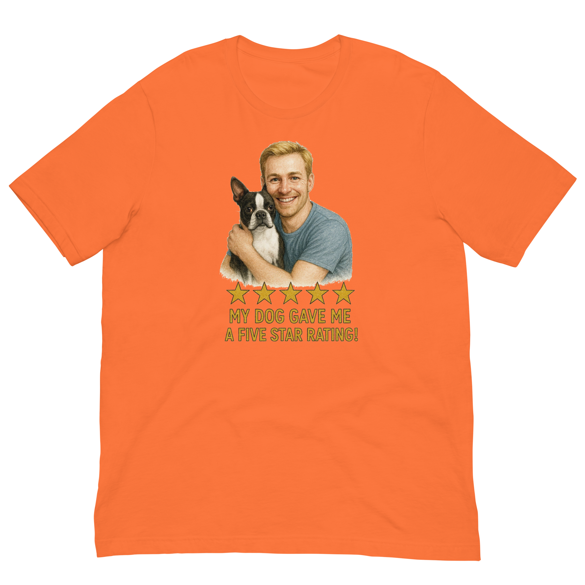Blonde Man with Boston Terrier graphic tee.