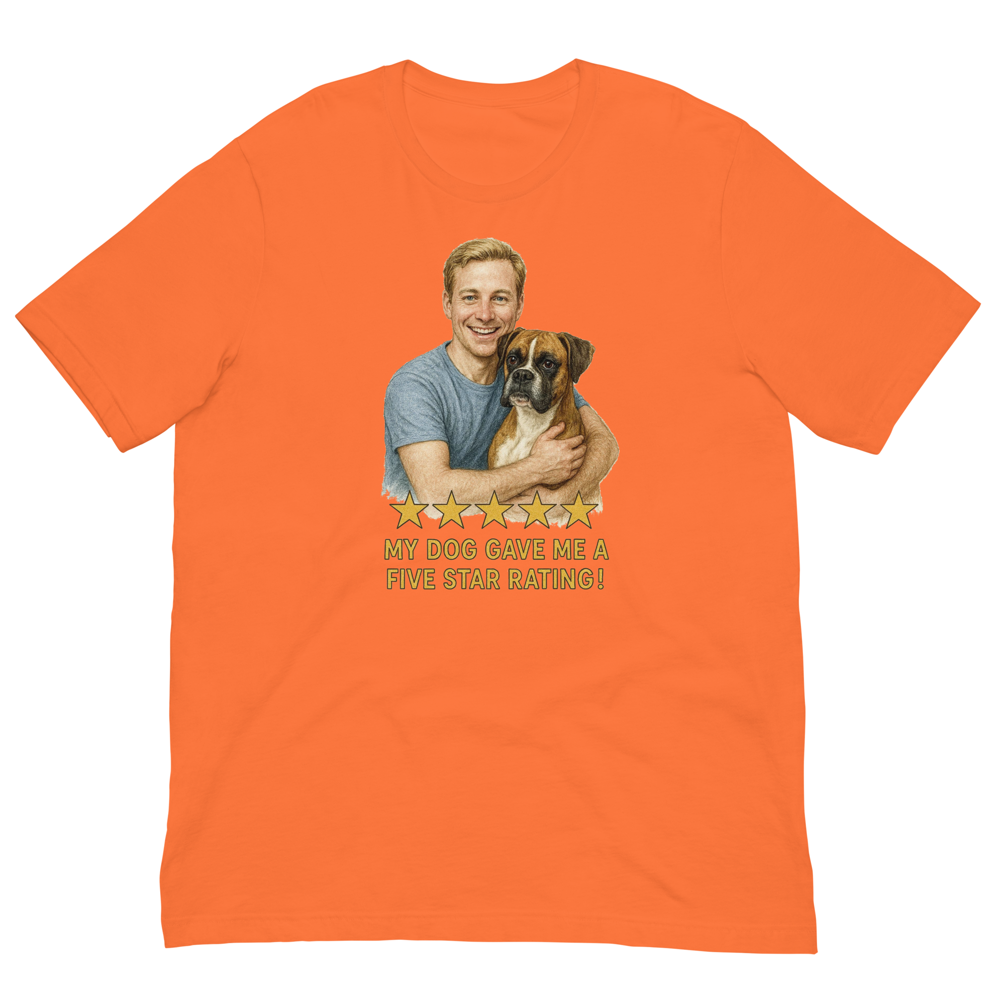 Blonde Man with Boxer graphic tee.