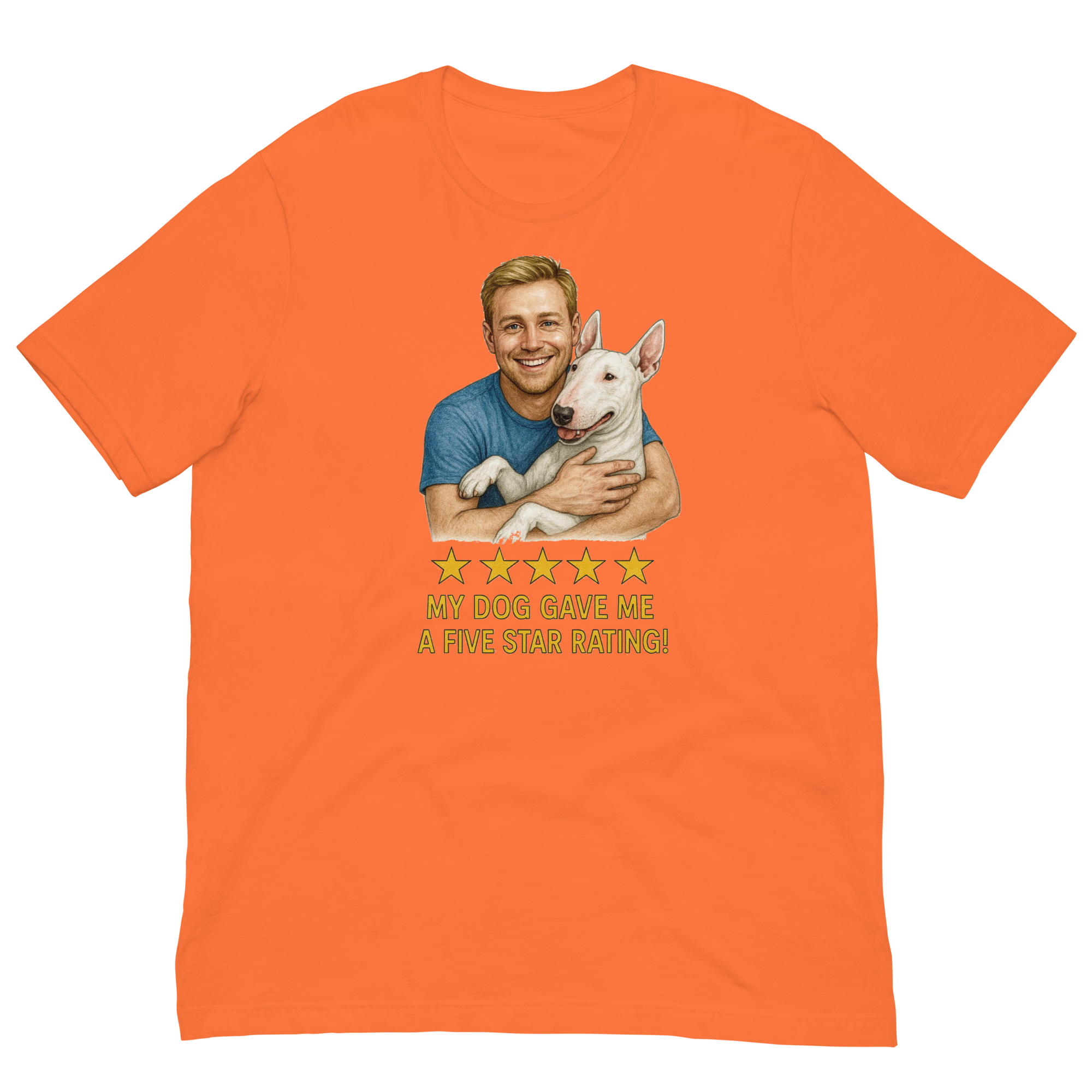 Blonde Man with Bull Terrier graphic tee.