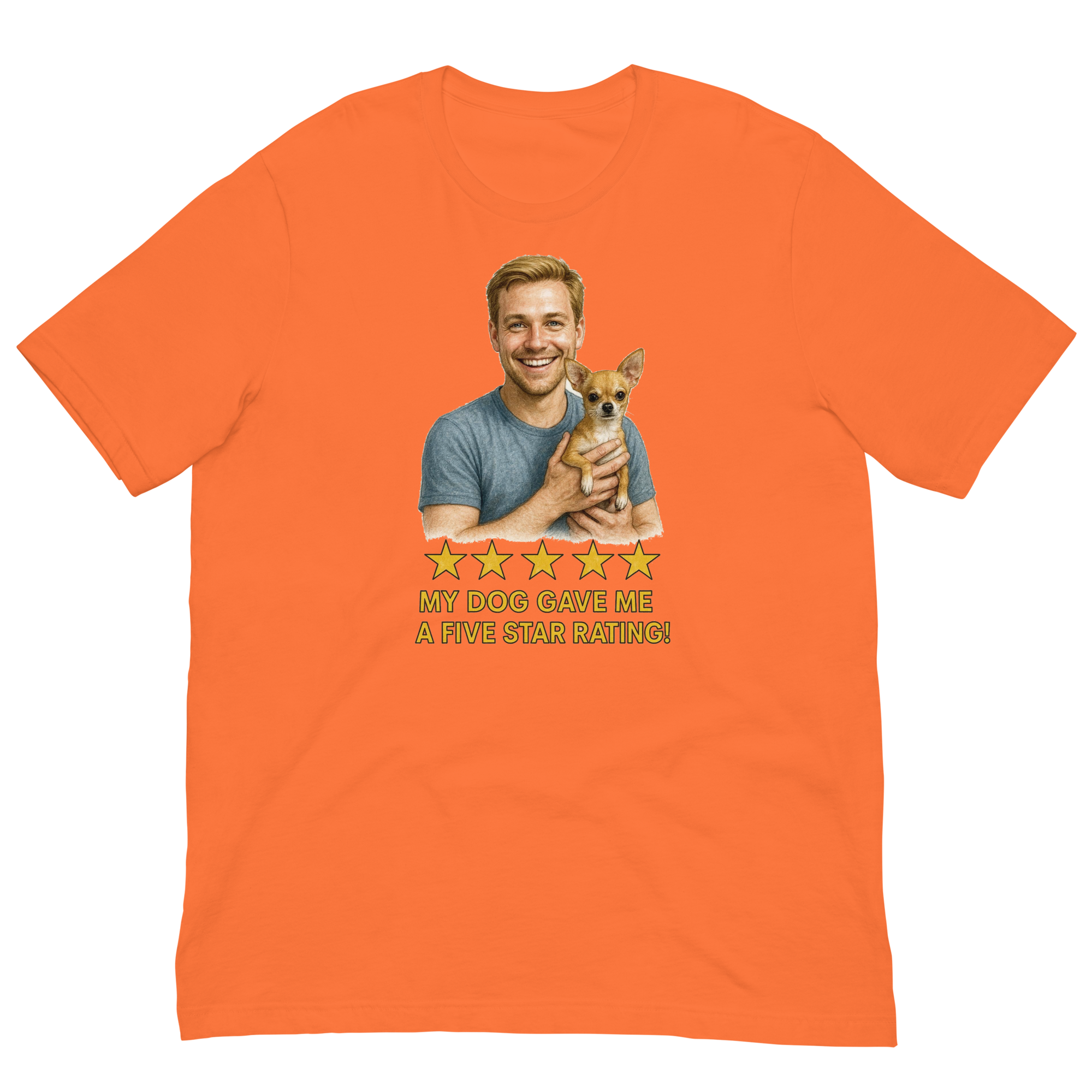 Blonde Man with Chihuahua graphic tee.