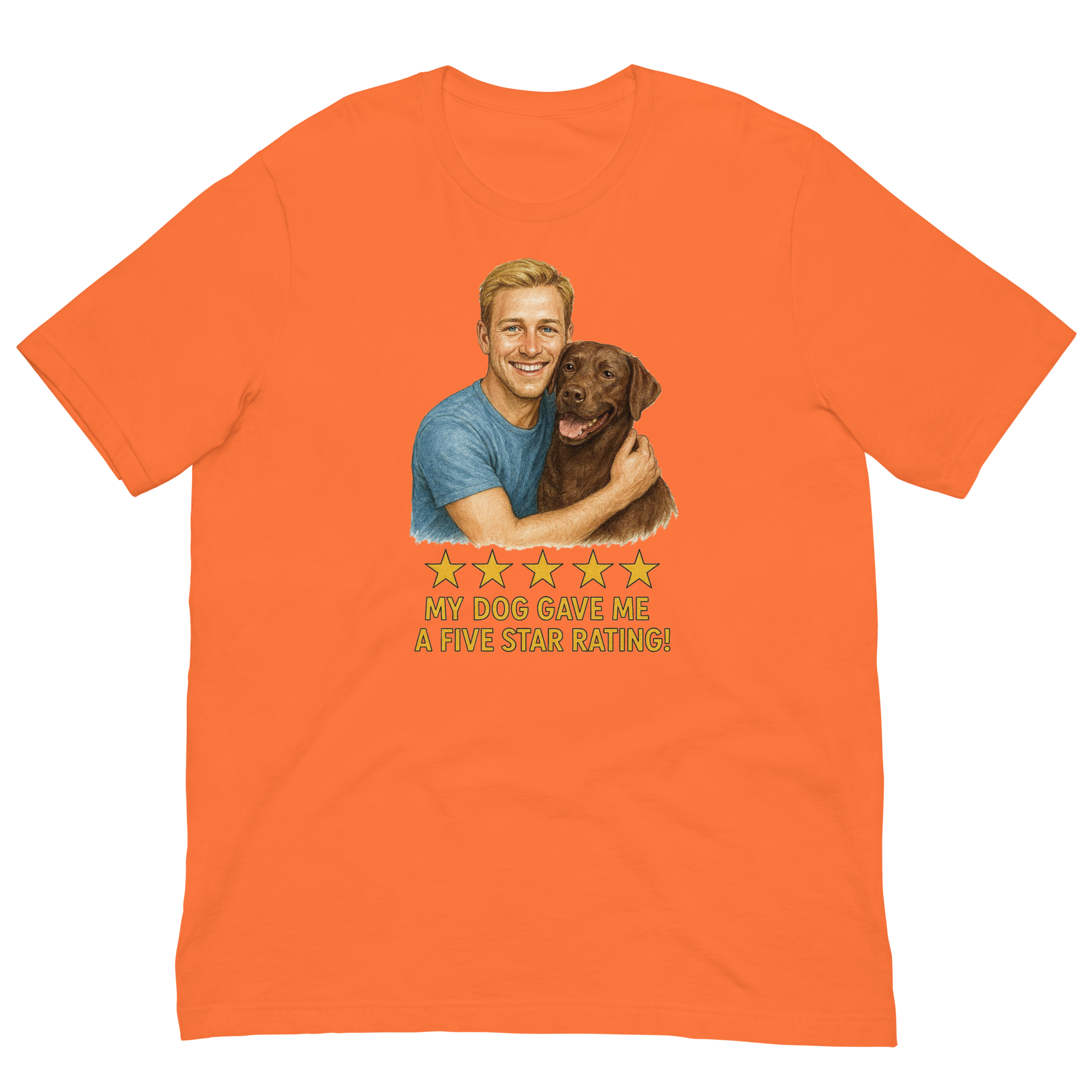 Blonde Man with Chocolate Labrador graphic tee.