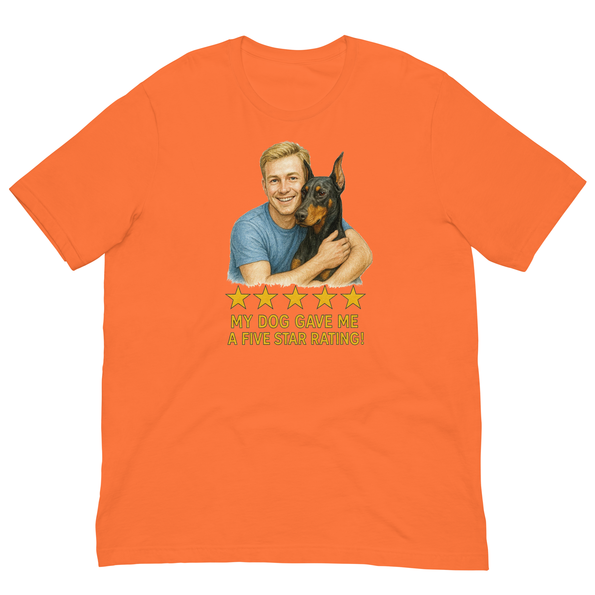 Blonde Man with Doberman Pinscher graphic tee.