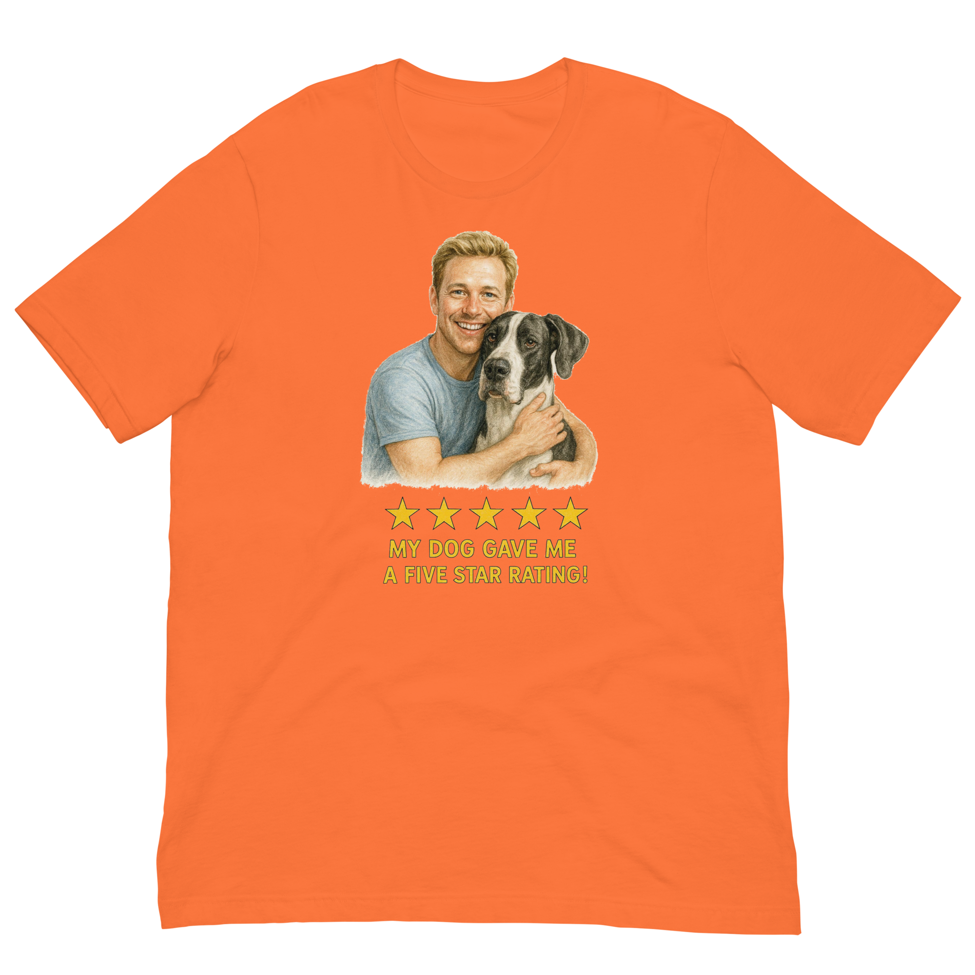 Blonde Man with Great Dane graphic tee.
