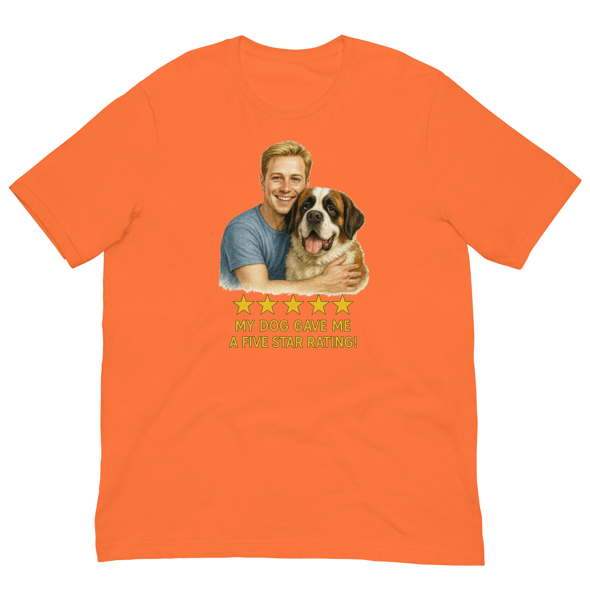 Blonde Man with Saint Bernard graphic tee.