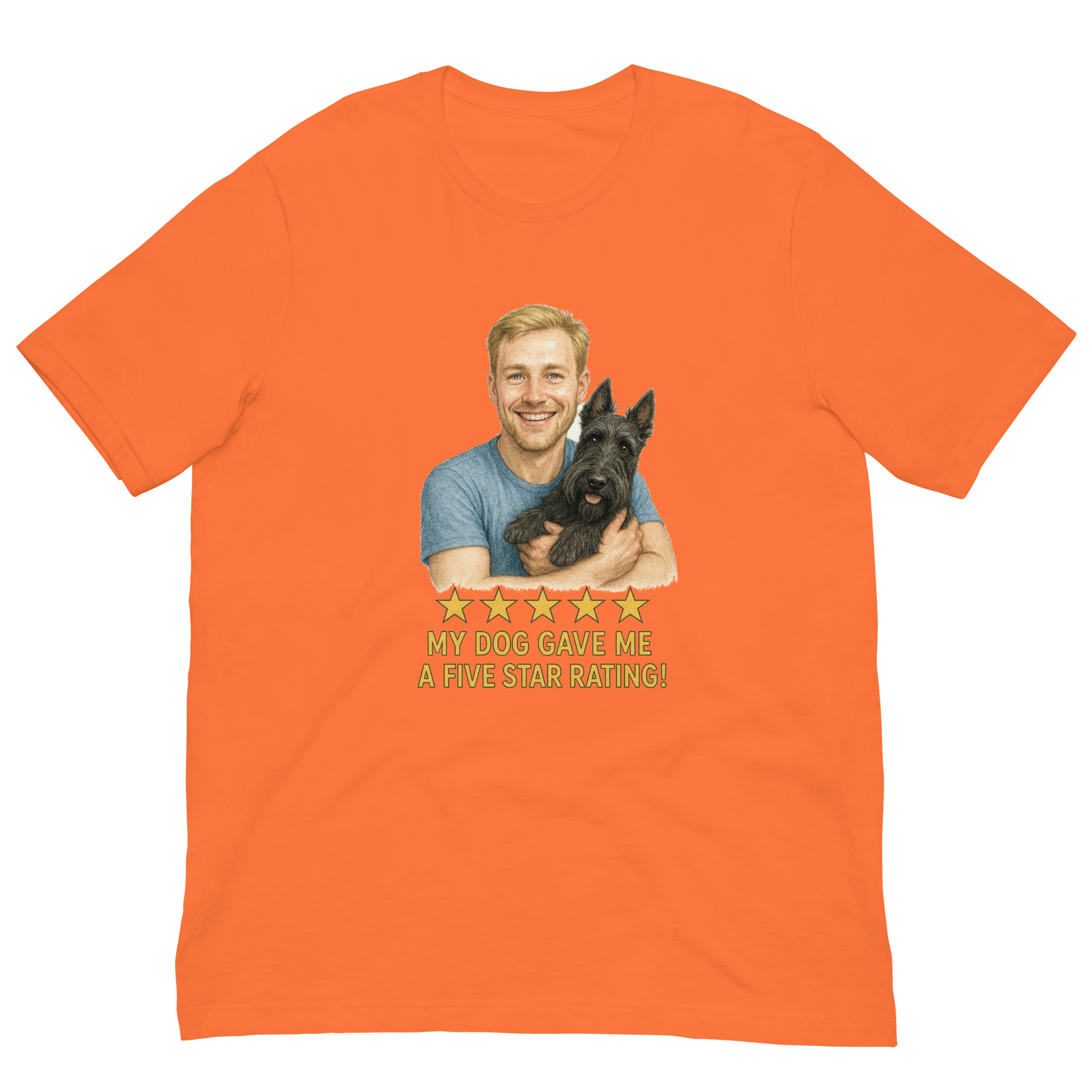 Blonde Man with Scottie graphic tee.