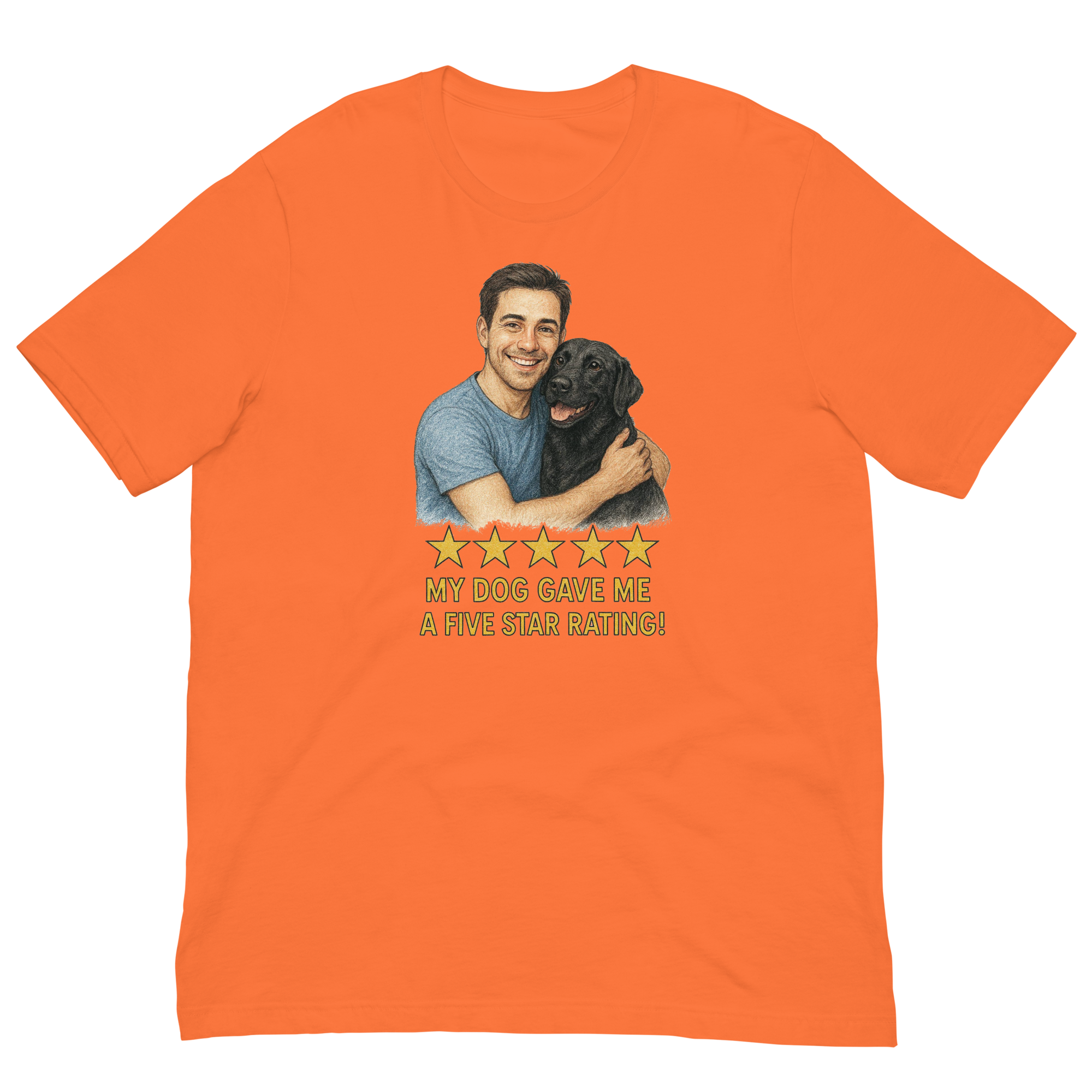 Brunette Man with Black Labrador graphic tee.