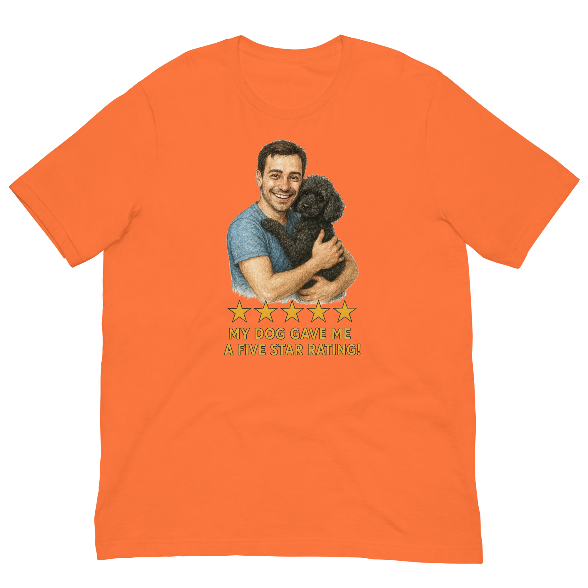 Brunette Man with Black Poodle graphic tee.