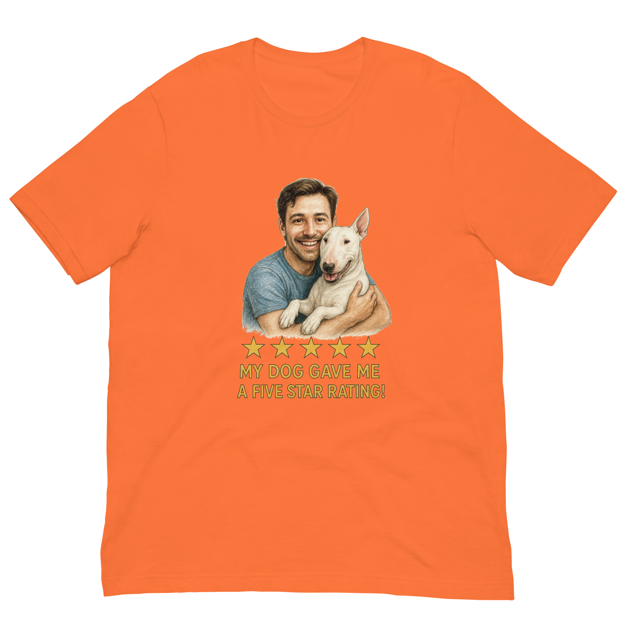 Brunette Man with Bull Terrier graphic tee.