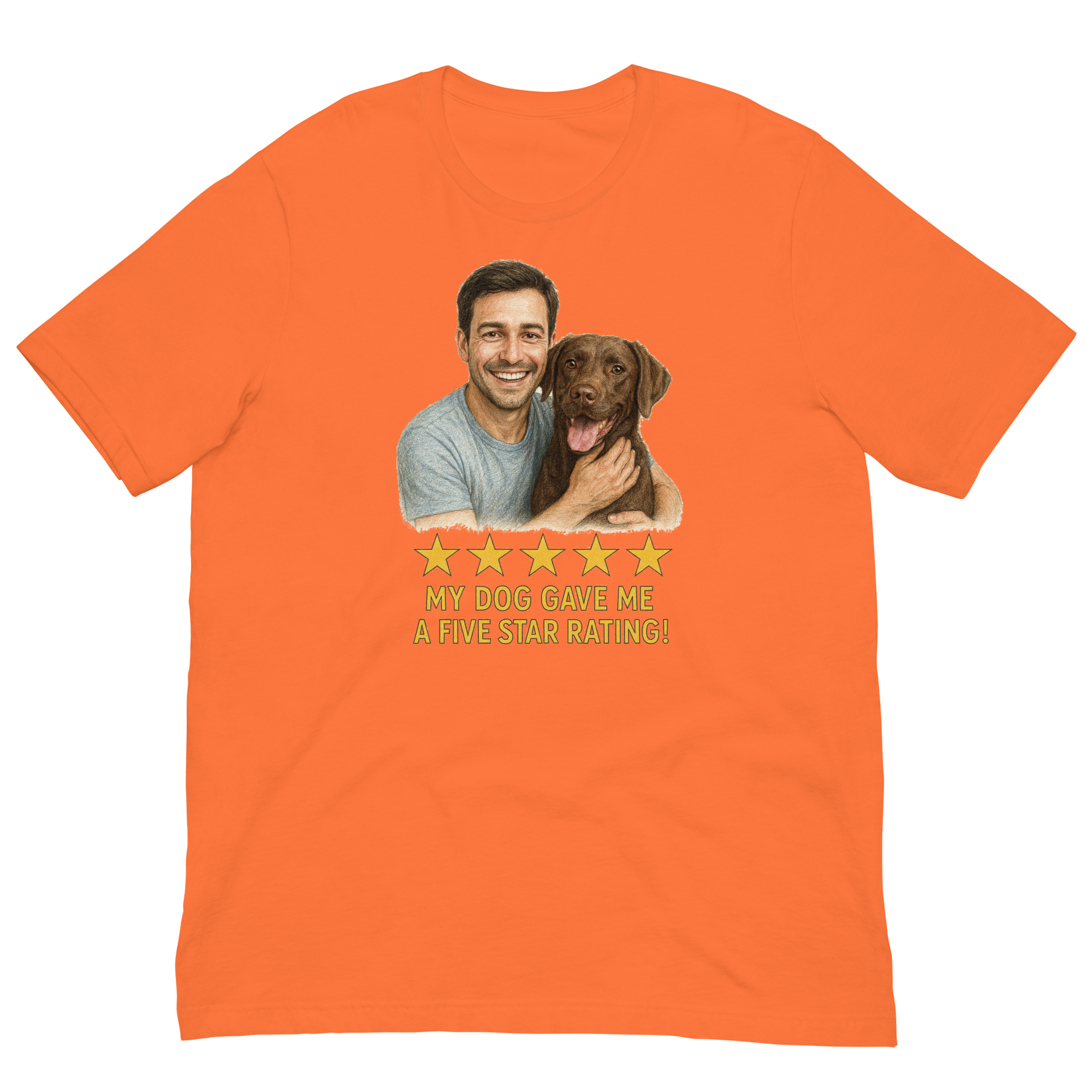 Brunette Man with Chocolate Labrador graphic tee.