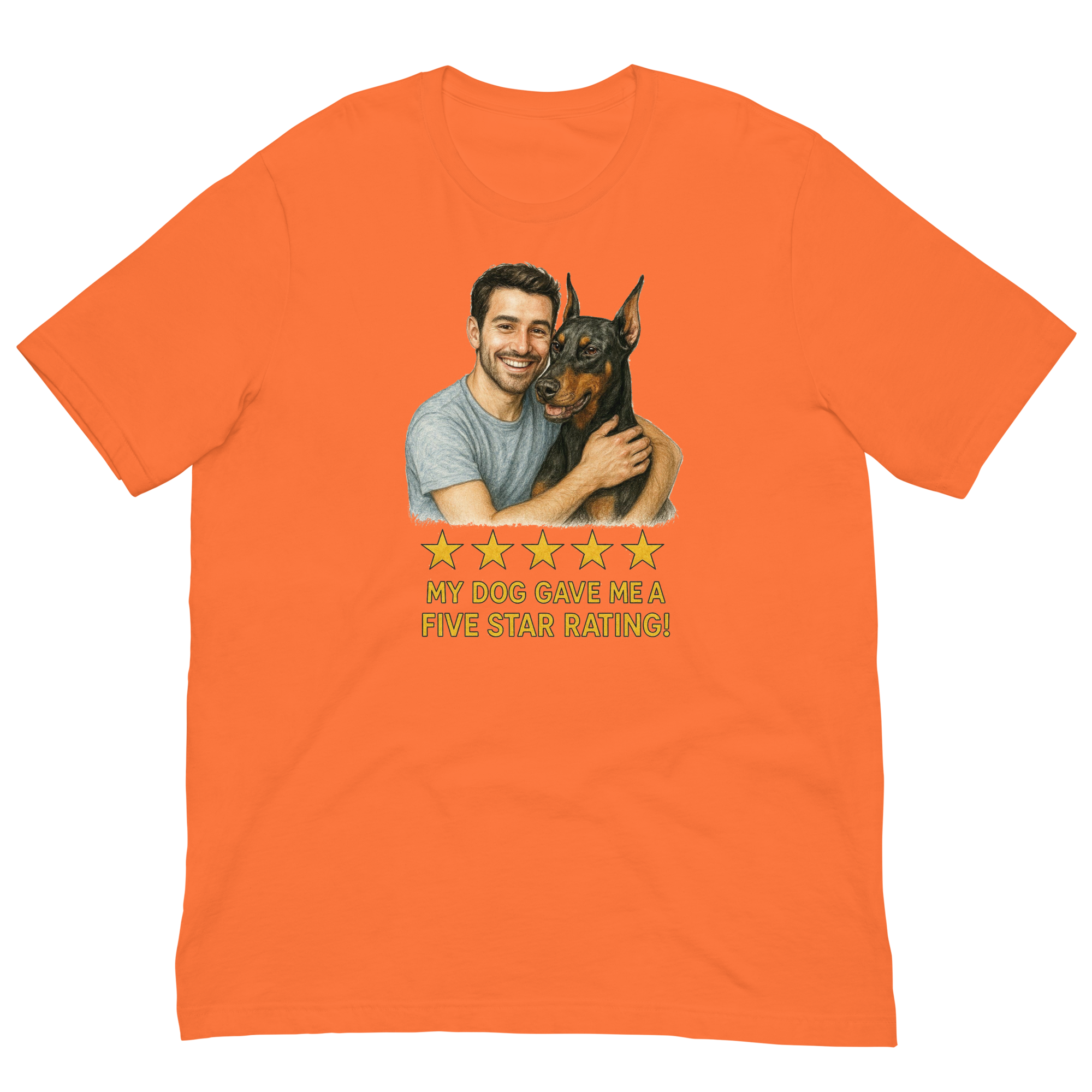 Brunette Man with Doberman Pinscher graphic tee.