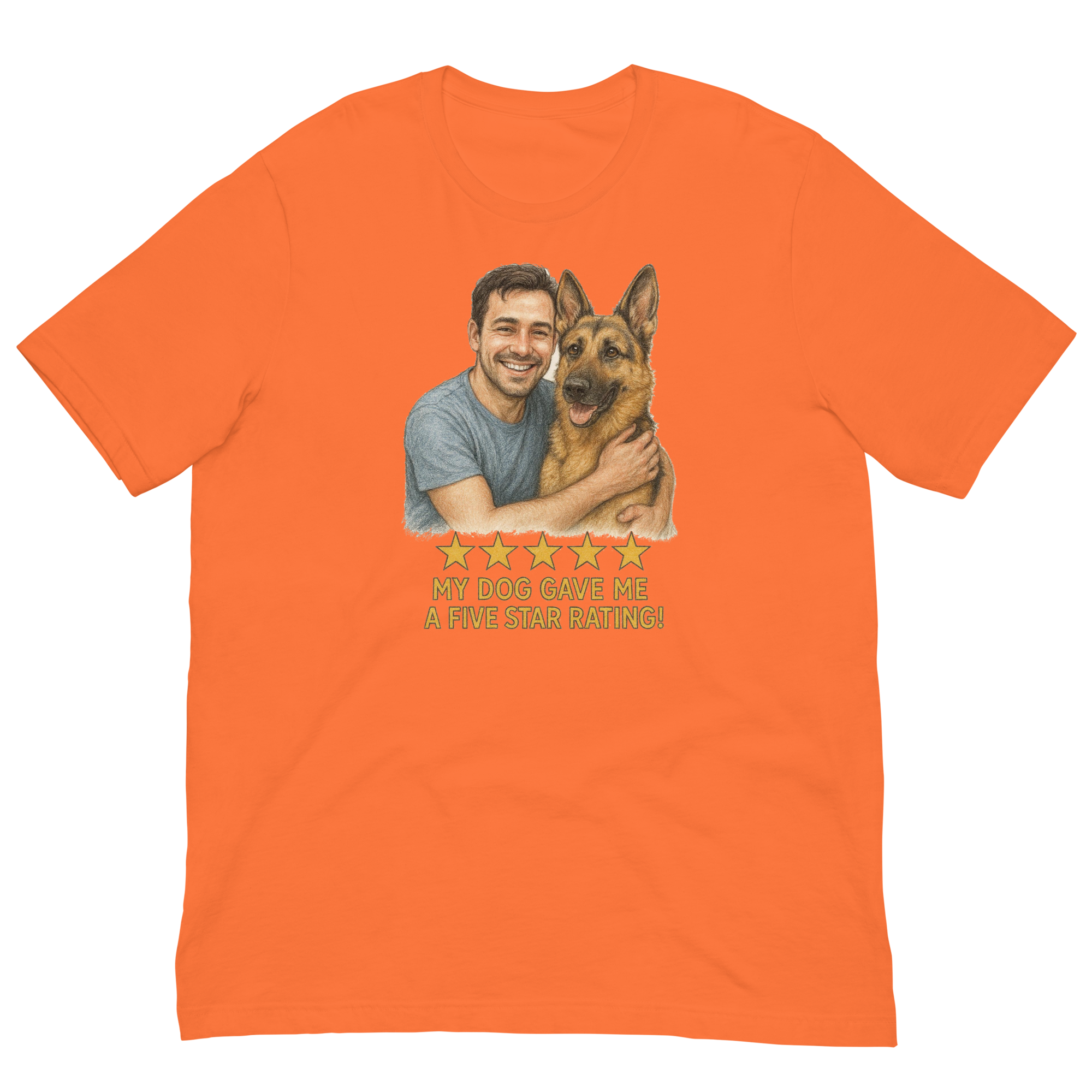 Brunette Man with German Shepherd graphic tee.