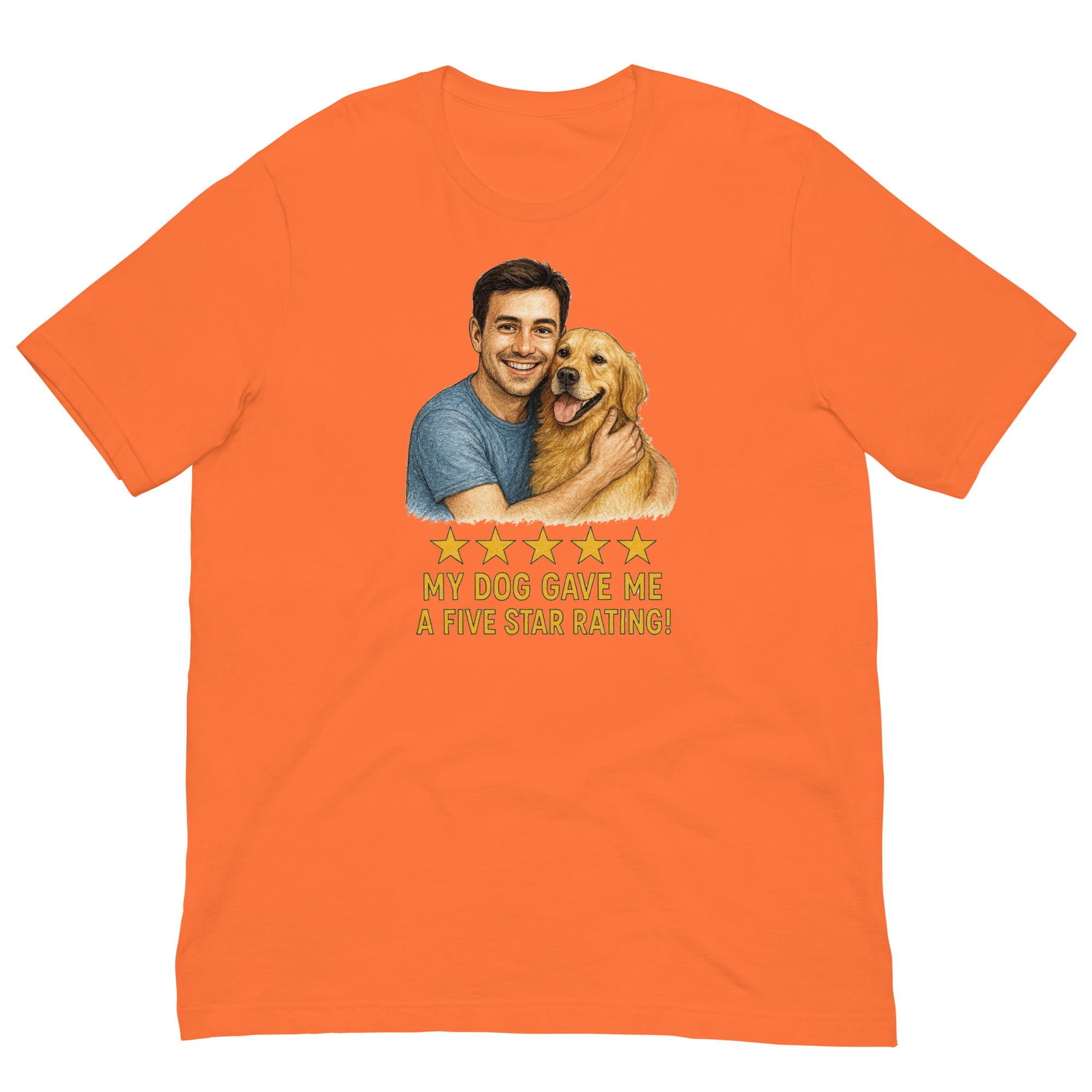 Brunette Man with Golden Retriever graphic tee.