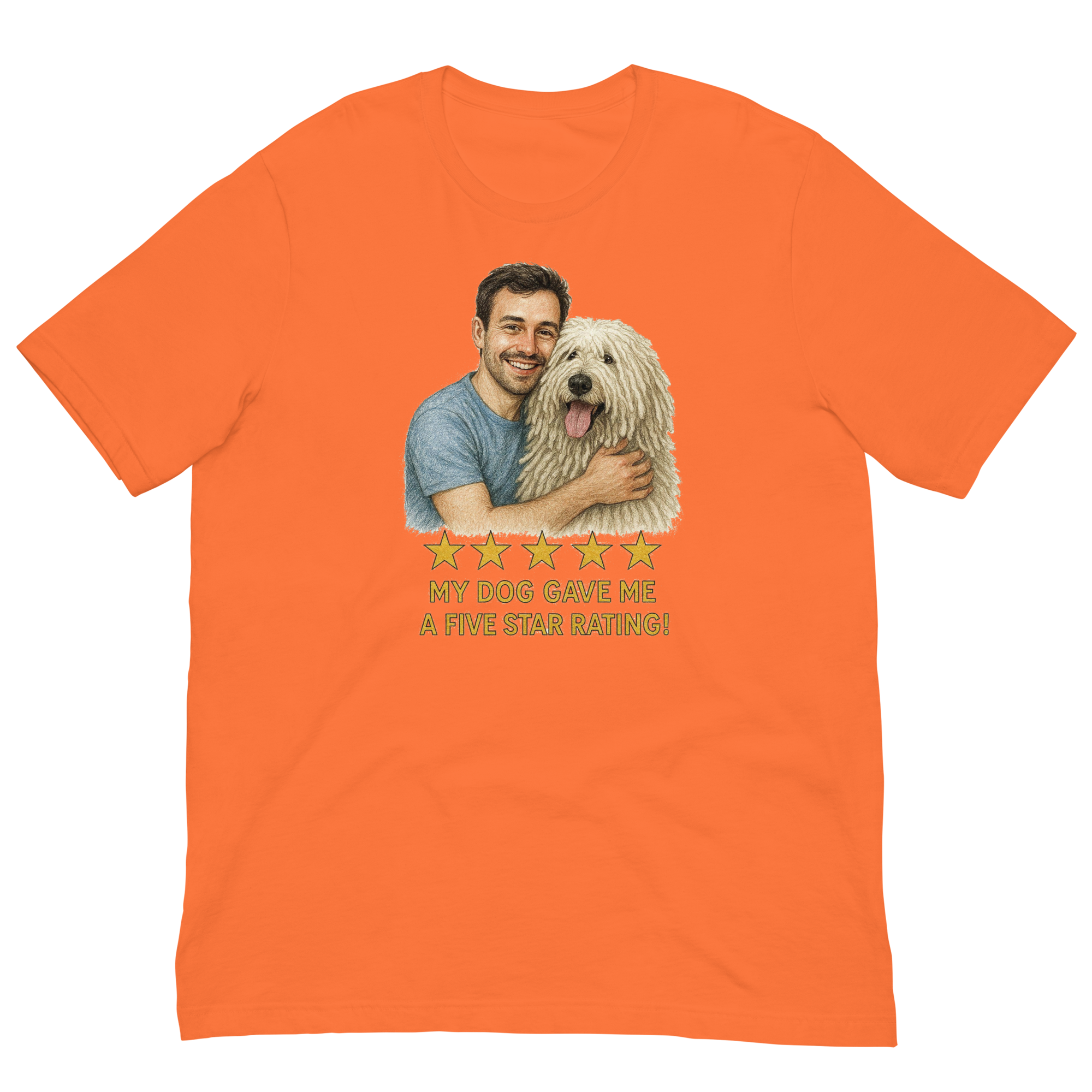 Brunette Man with Komondor graphic tee.