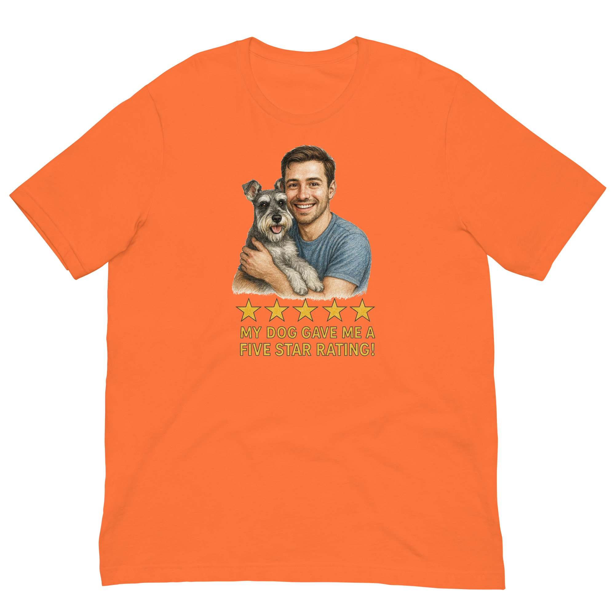 Brunette Man with Schnauzer graphic tee.