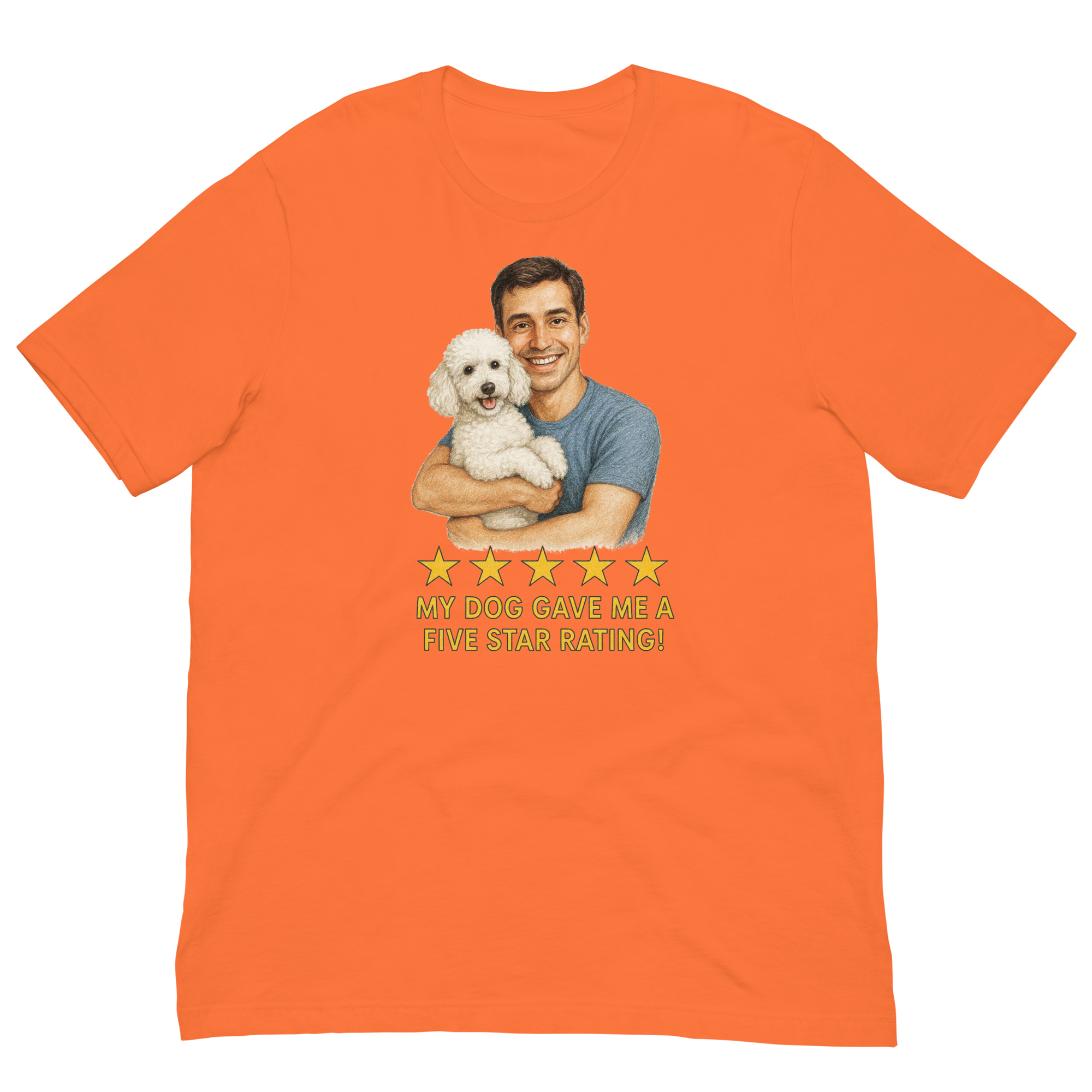 Brunette Man with White Poodle graphic tee.