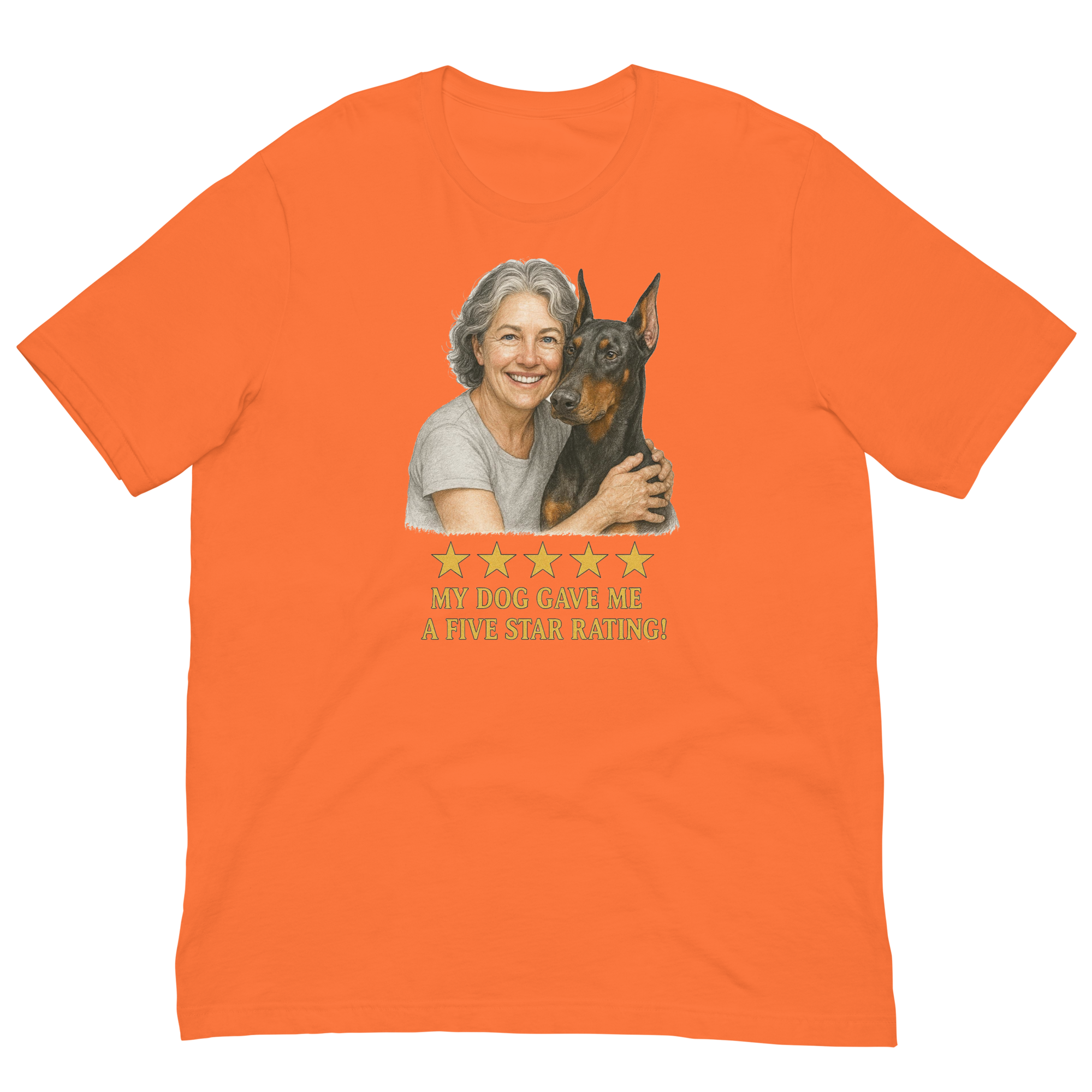 Salt & Pepper Woman with Doberman Pinscher graphic tee - orange