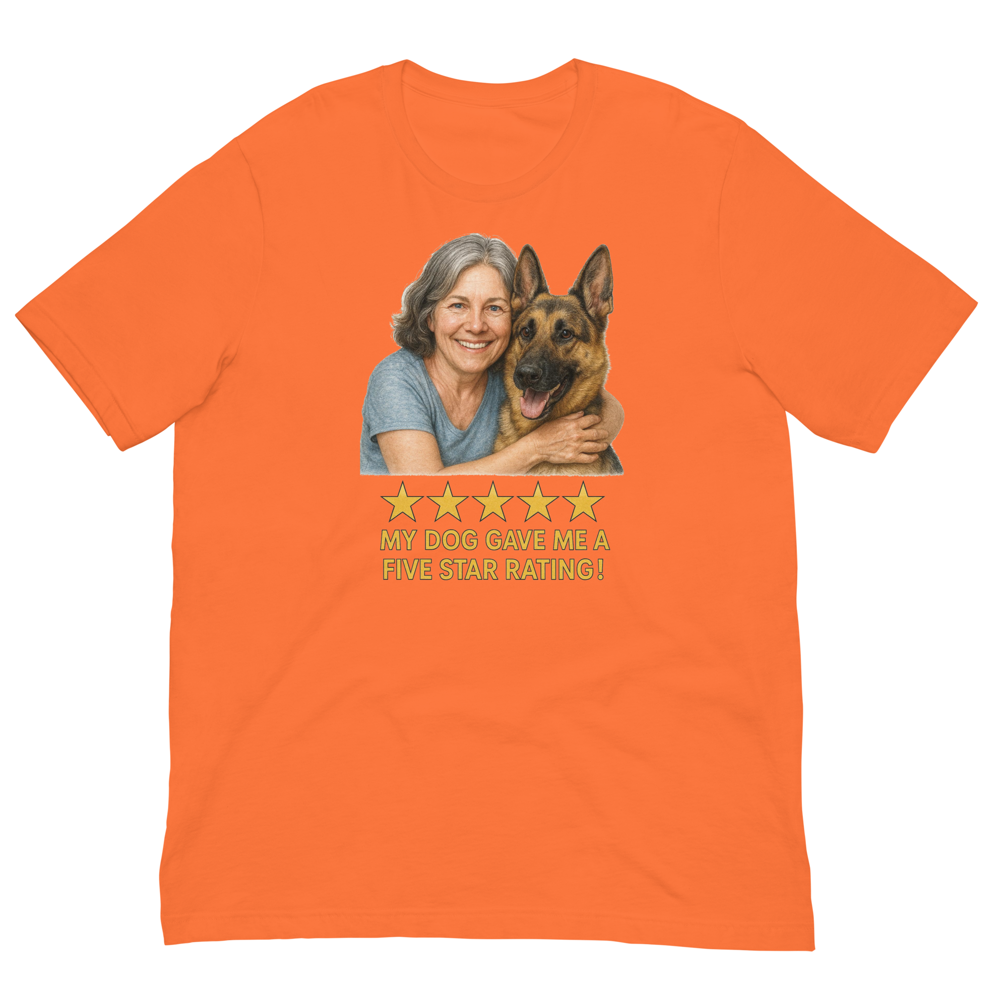 Salt & Pepper Woman with German Shepherd graphic tee - orange