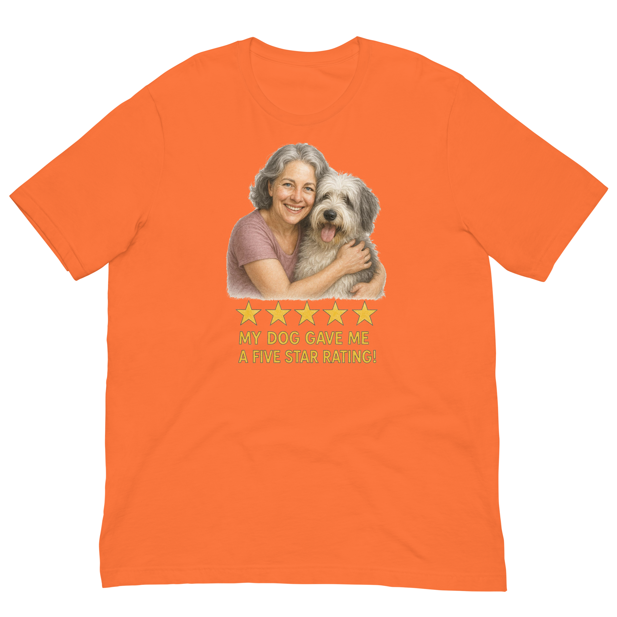 Salt & Pepper Woman with Sheepdog graphic tee - orange