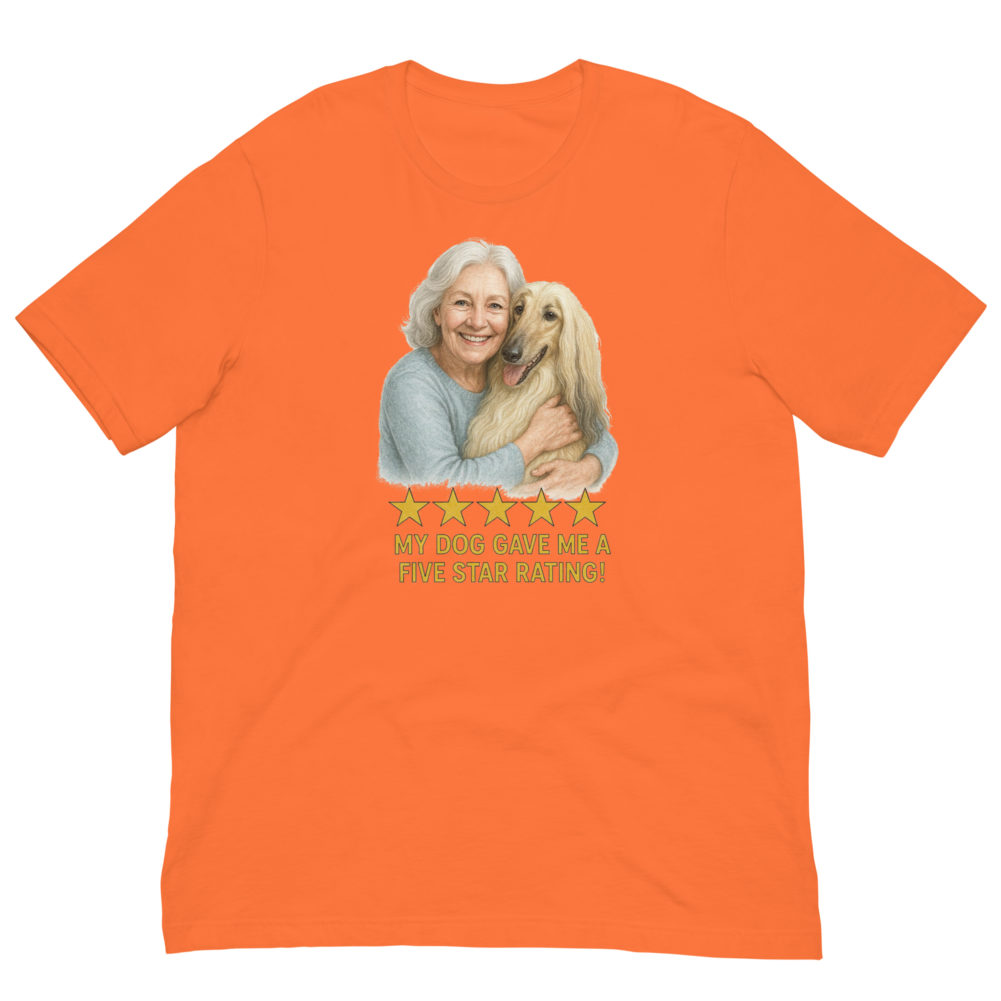White Hair Woman with Afghan Hound graphic tee.