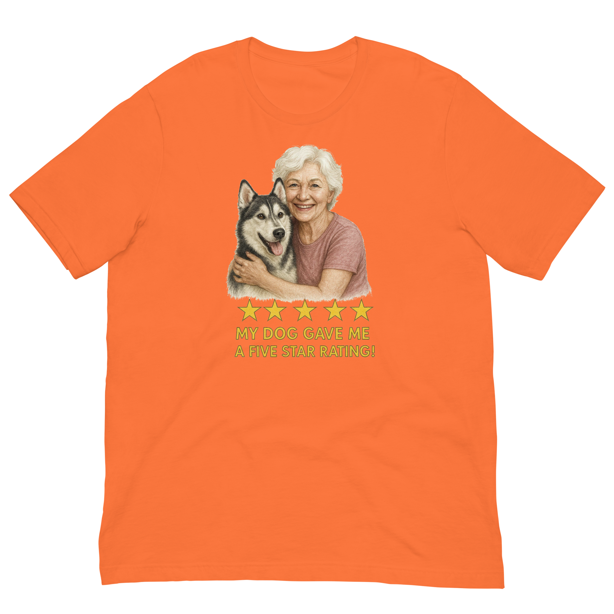 White Hair Woman with Alaskan Husky graphic tee.